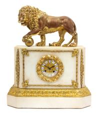An Empire Style Gilt Bronze Mounted White Marble Clock Height 21 1/2 x width 18 1/2 x depth 8 1/2 inches. — 19TH CENTURY