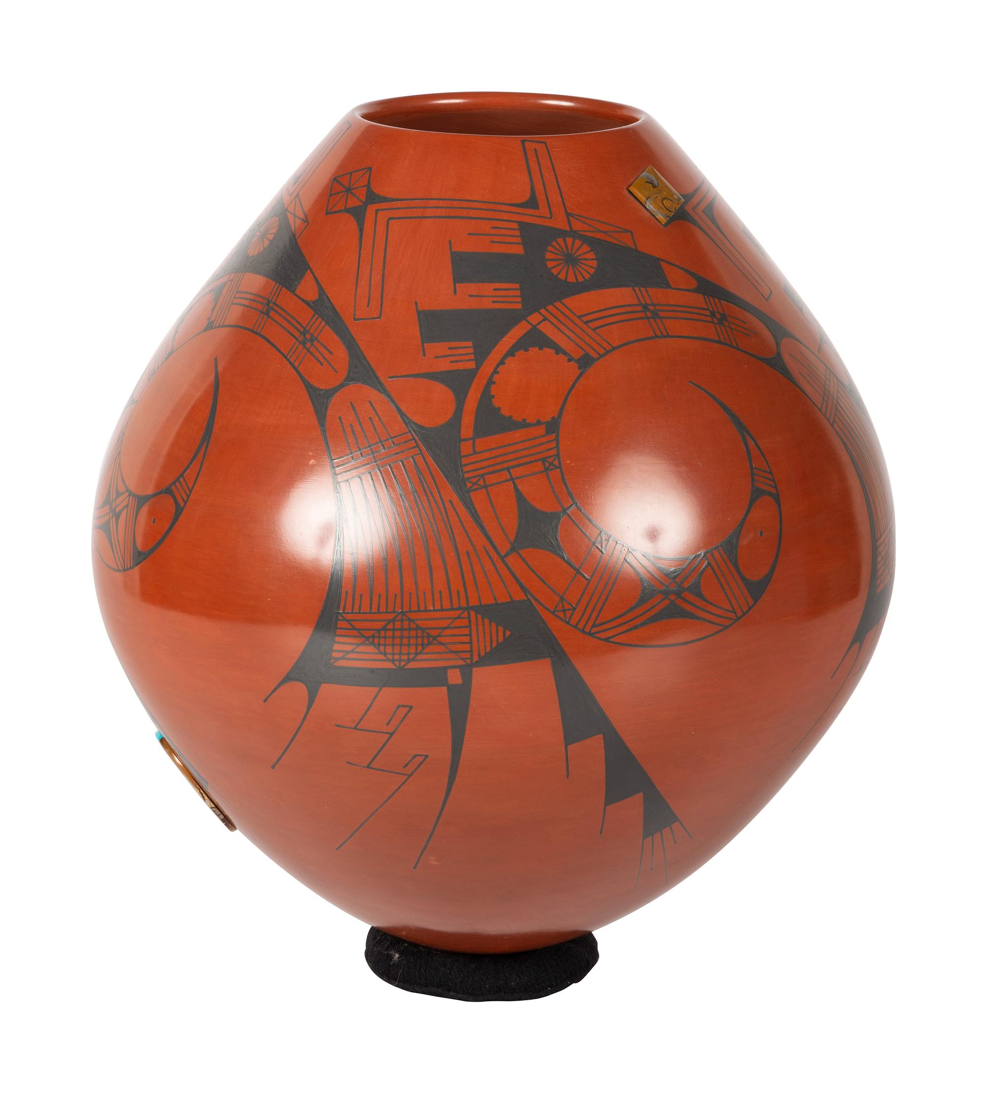 Redware Pottery Vase, with Turquoise and Agate Medallions