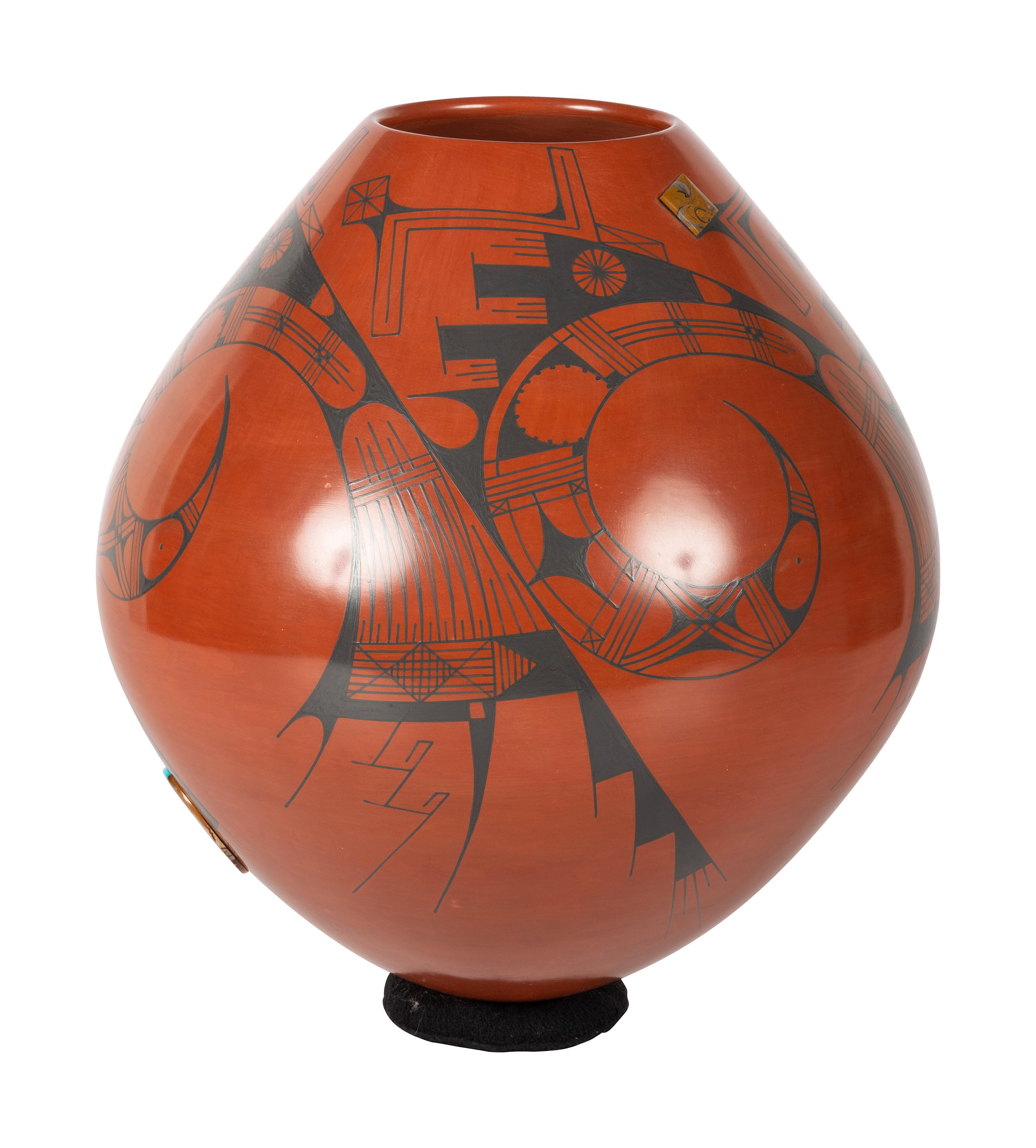 Redware Pottery Vase, with Turquoise and Agate Medallions
