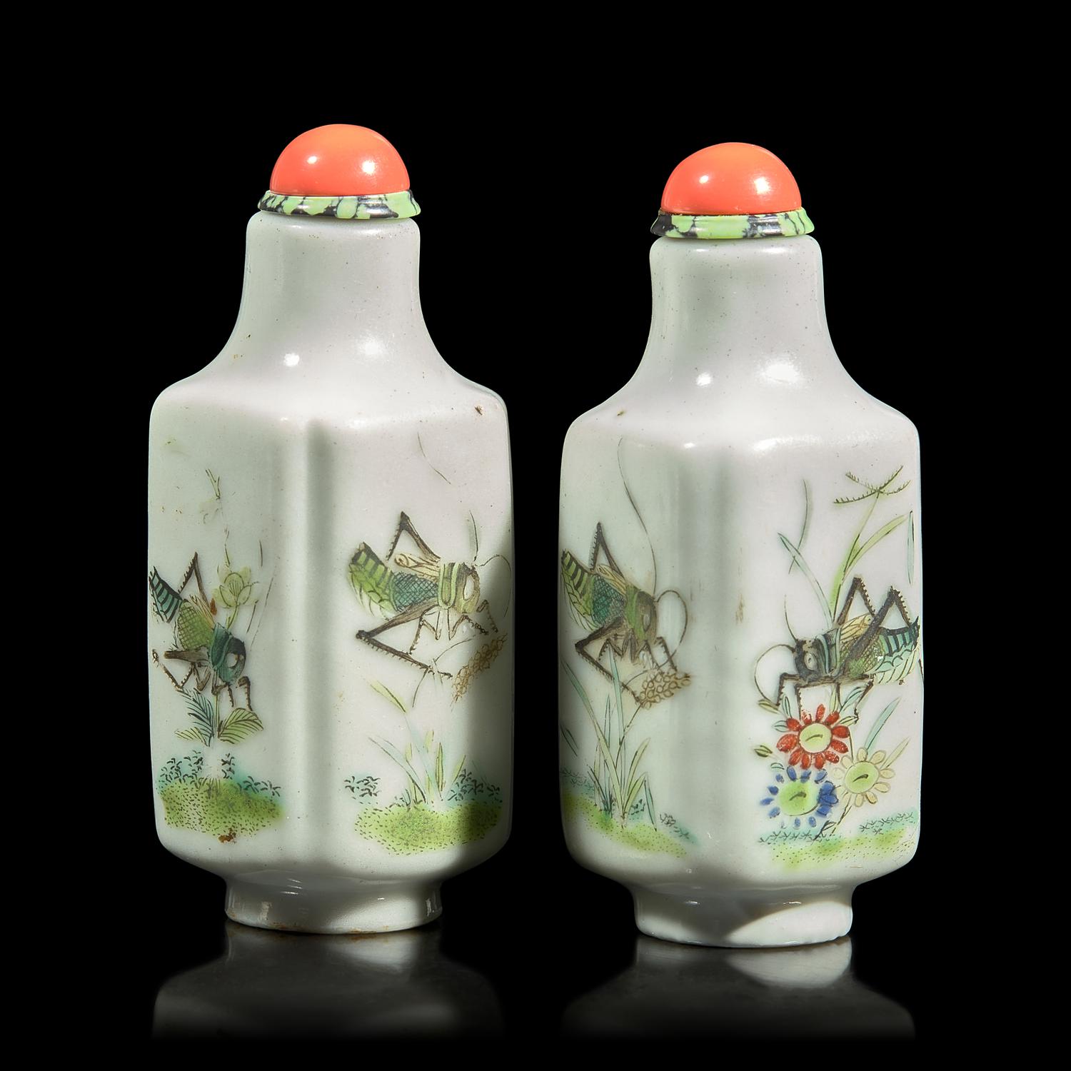 A Rare Pair of Chinese Enameled Porcelain "Cricket" Snuff Bottles, Daoguang Mark and of the Period