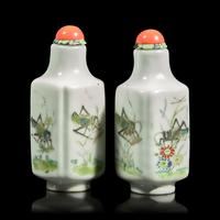 A Rare Pair of Chinese Enameled Porcelain "Cricket" Snuff Bottles, Daoguang Mark and of the Period