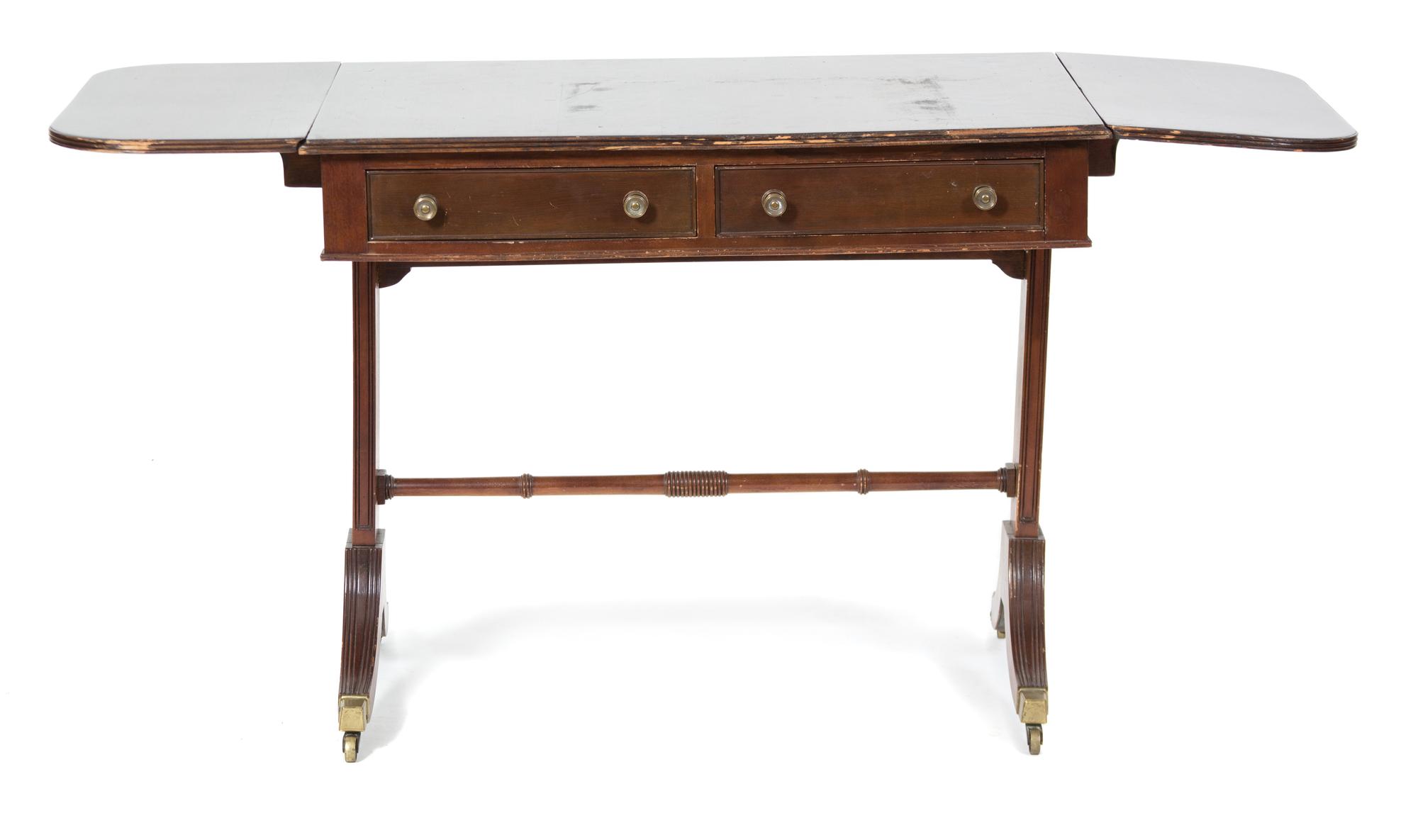 A Regency Style Mahogany Drop Leaf Sofa Table Height 29 1/2 x width 49 1/4 x depth 24 inches. — 19TH CENTURY