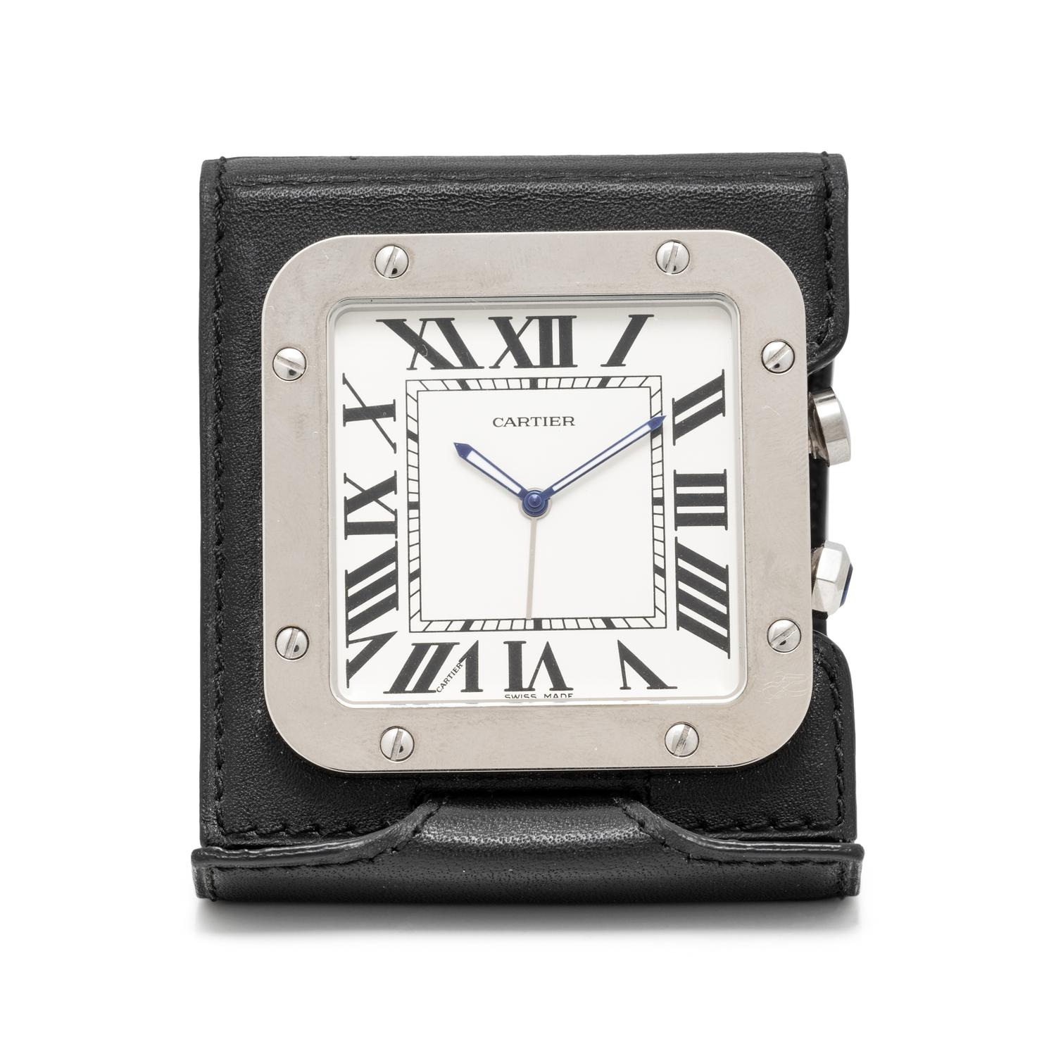 CARTIER, STAINLESS STEEL 'SANTOS' TRAVEL ALARM CLOCK