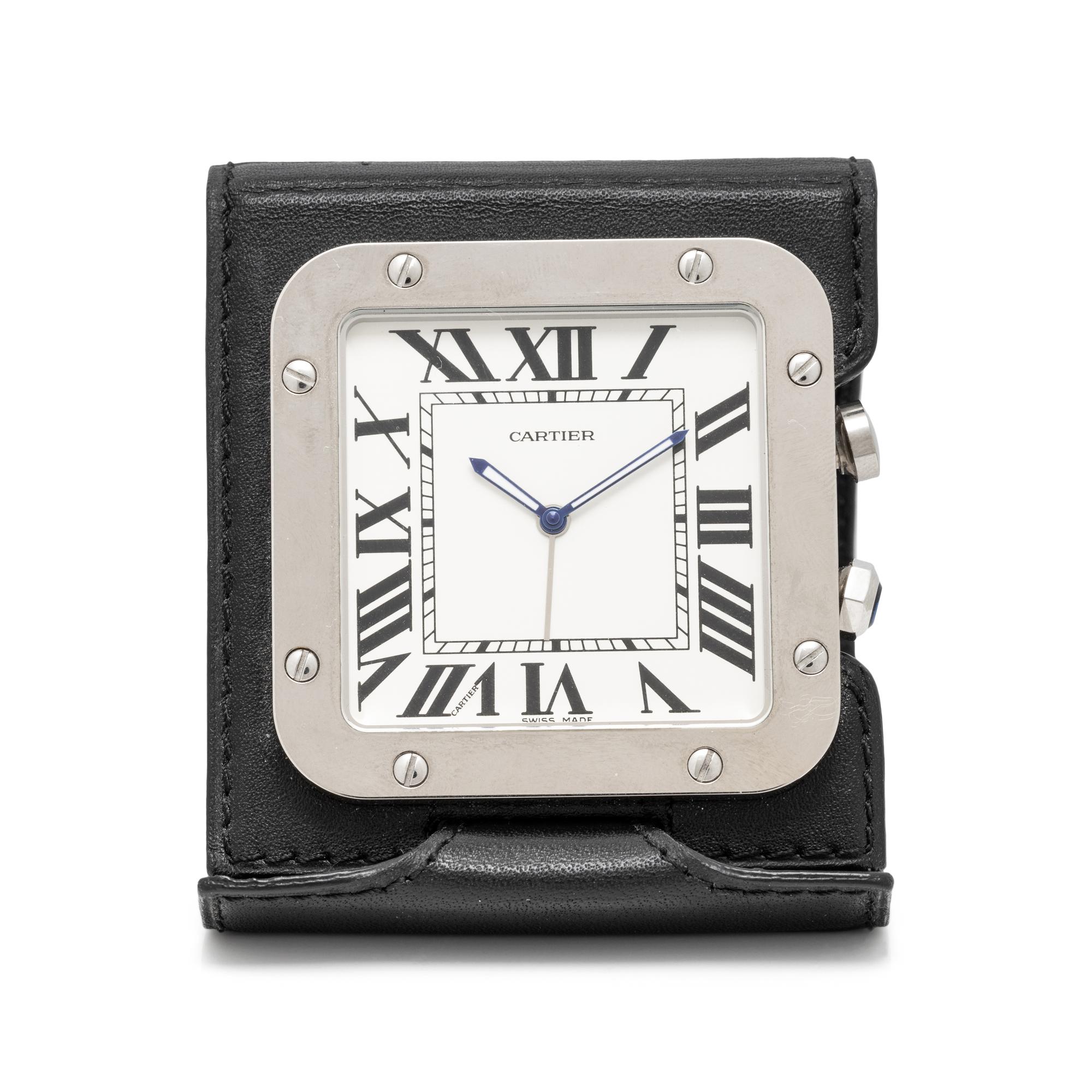 CARTIER, STAINLESS STEEL 'SANTOS' TRAVEL ALARM CLOCK