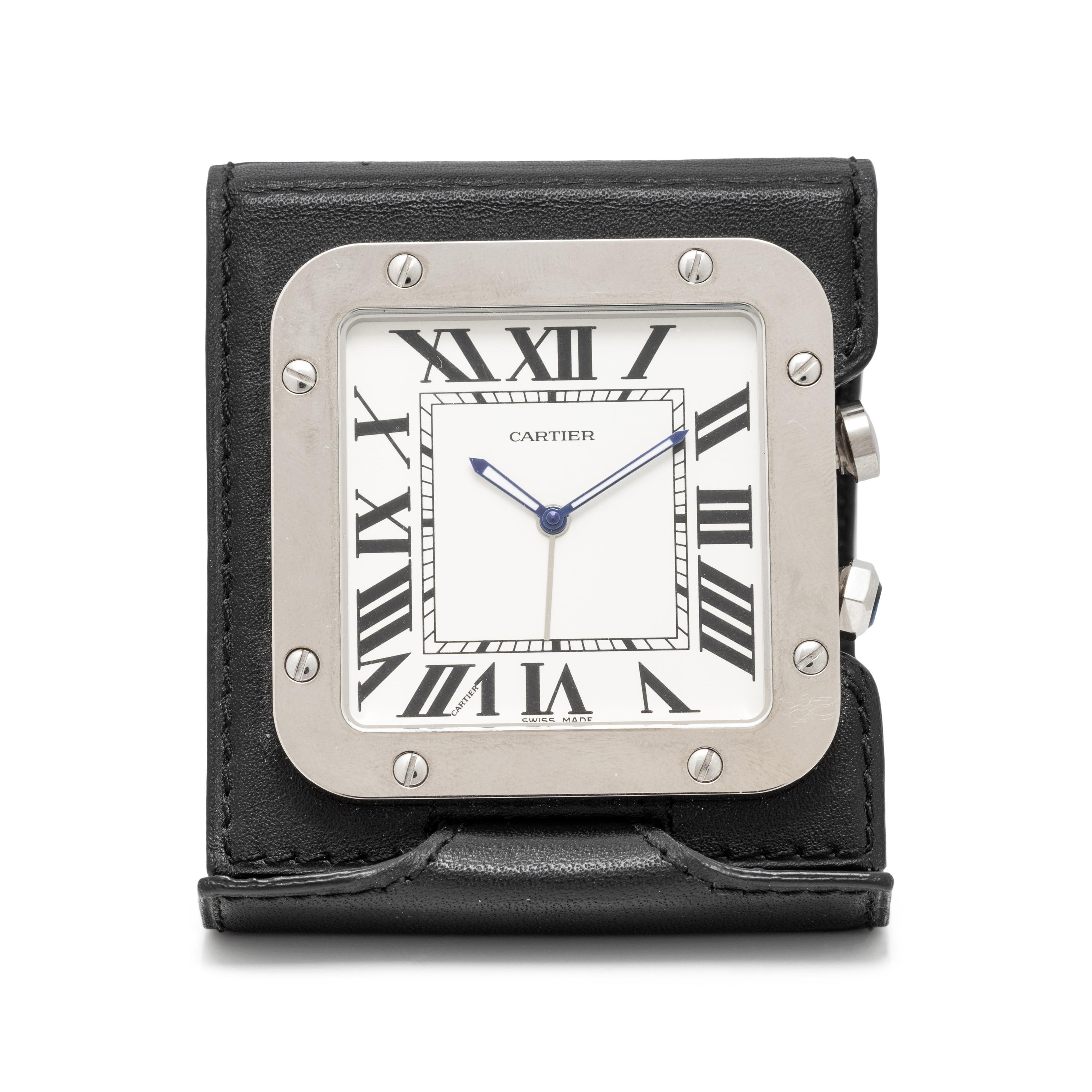 CARTIER, STAINLESS STEEL 'SANTOS' TRAVEL ALARM CLOCK