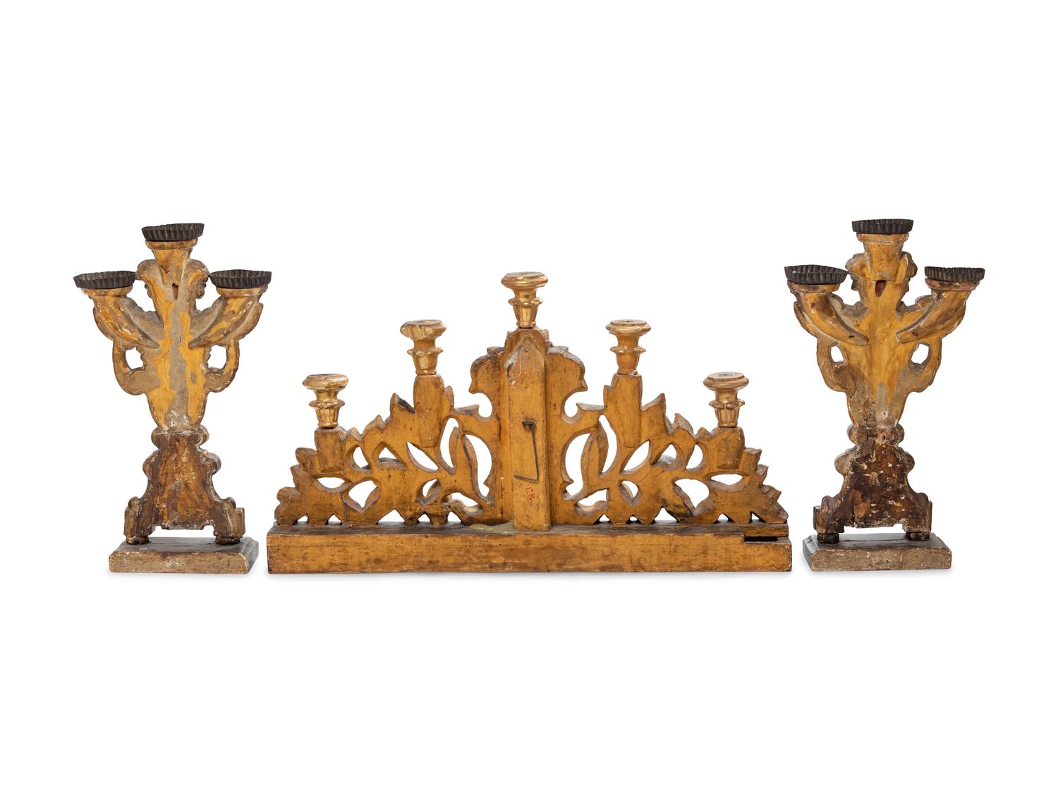 A Pair of Italian Painted and Parcel Gilt Three-Light Candelabra