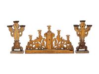 A Pair of Italian Painted and Parcel Gilt Three-Light Candelabra