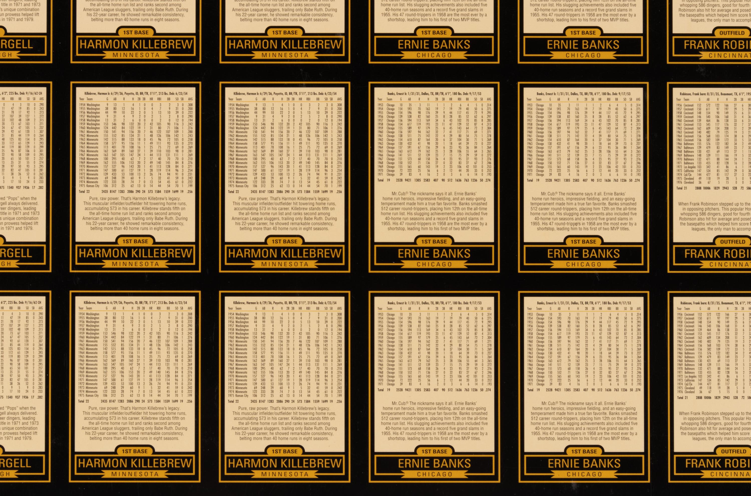 A Group of Seven Uncut Sheets of Signed Home Run Heroes Baseball Cards (Robinson, Banks, Killebrew, Stargell),