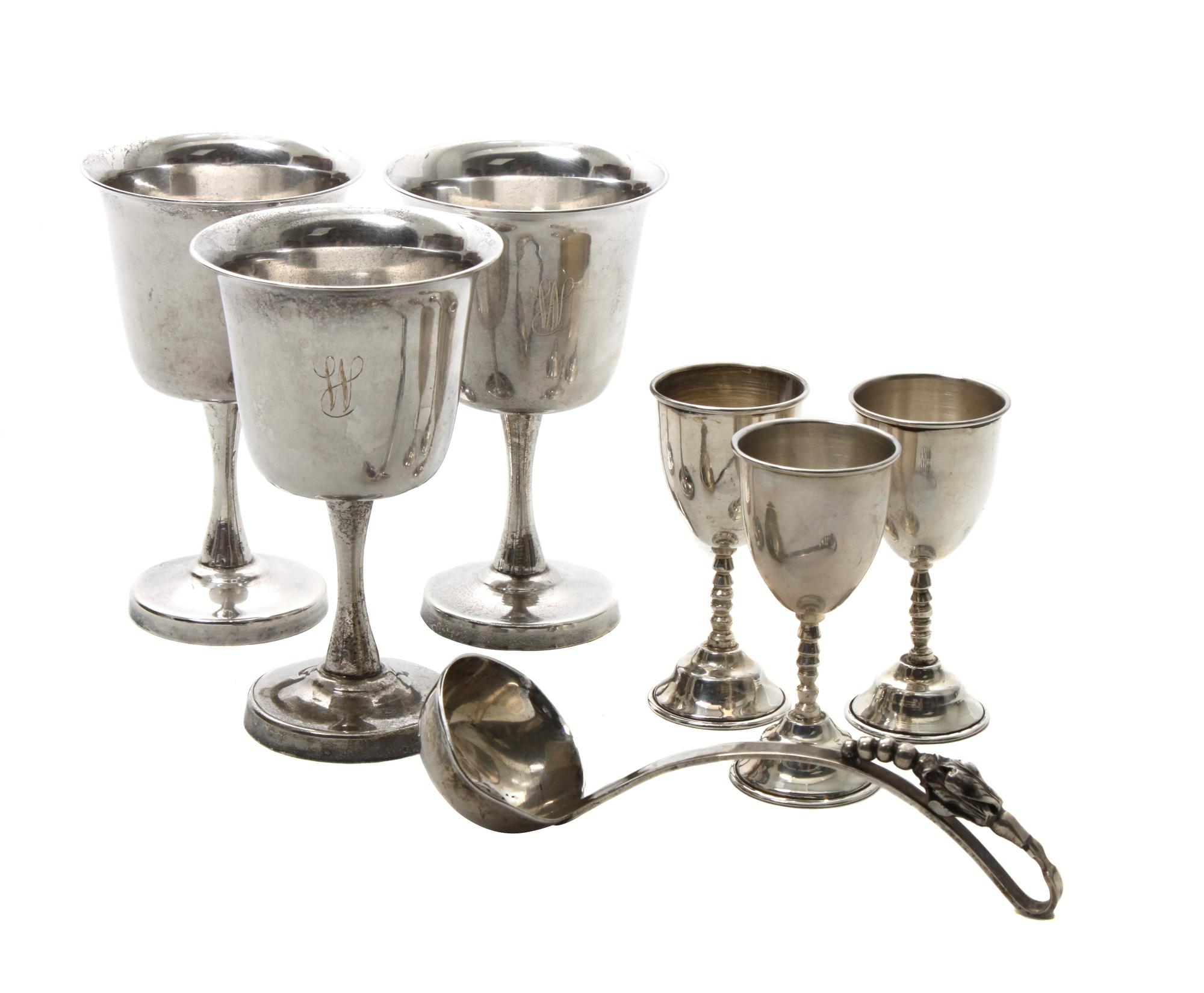 Mexican Silver Goblets, Tane, Mid-20th Century, 7 goblets together with 12 Mexican silver cordials and sauce ladle by a different maker