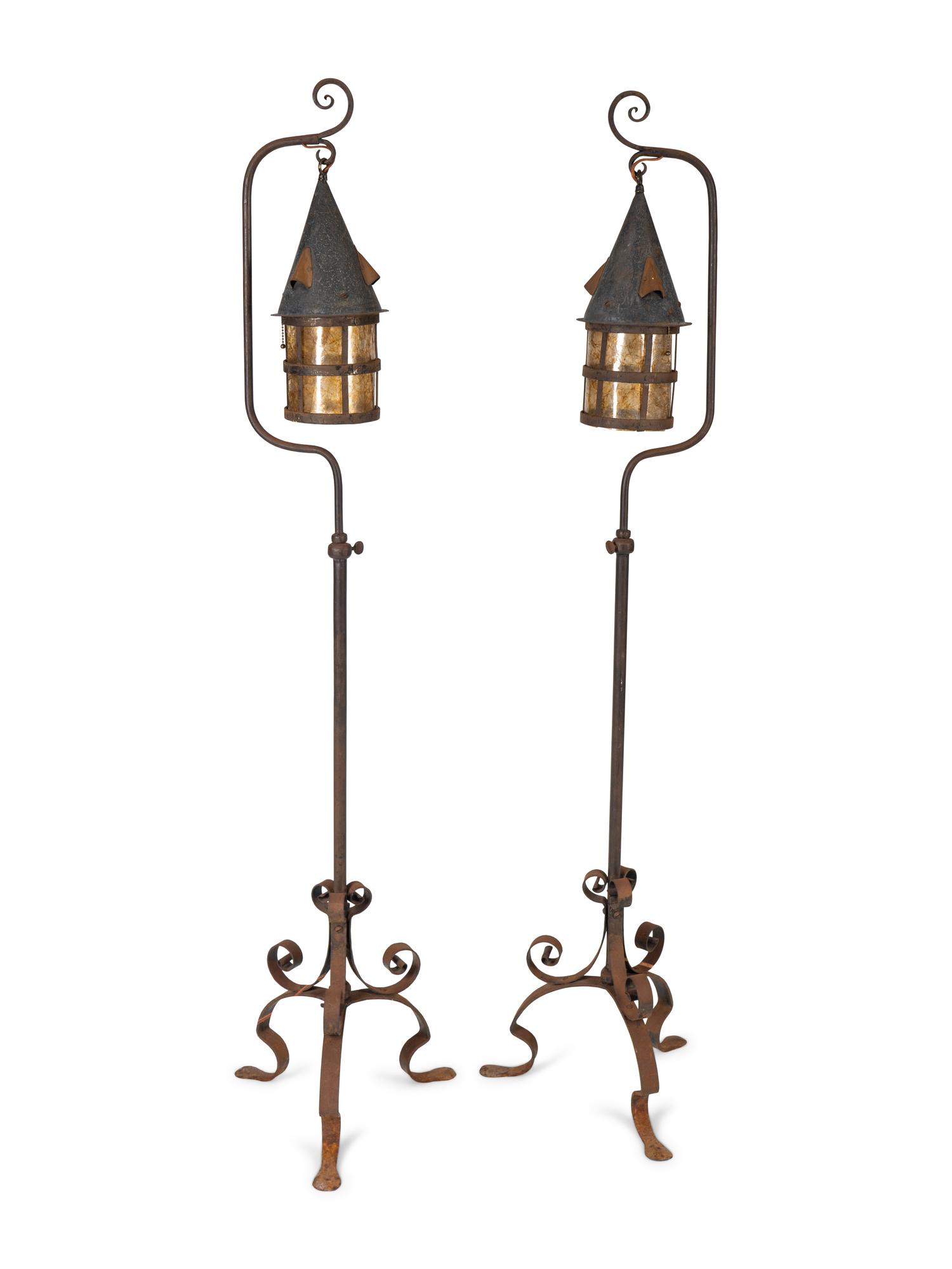 A Pair of Wrought Iron Mizner Style Floor Lanterns — 20TH CENTURY