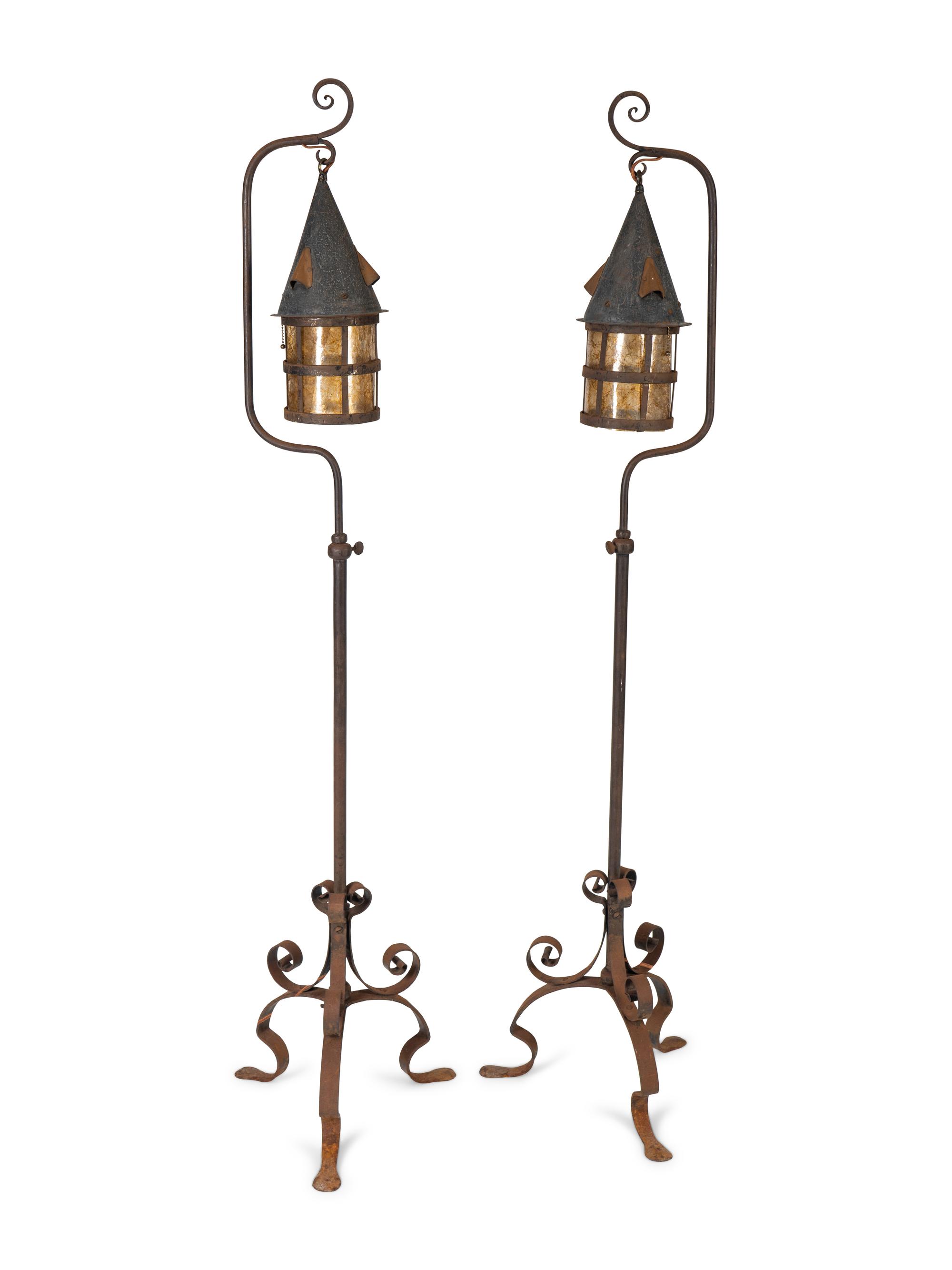 A Pair of Wrought Iron Mizner Style Floor Lanterns — 20TH CENTURY