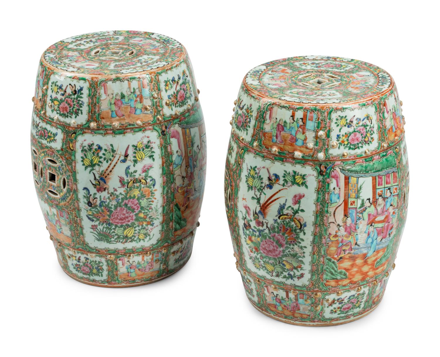 A Pair of Chinese Export Rose Medallion Porcelain Garden Seats