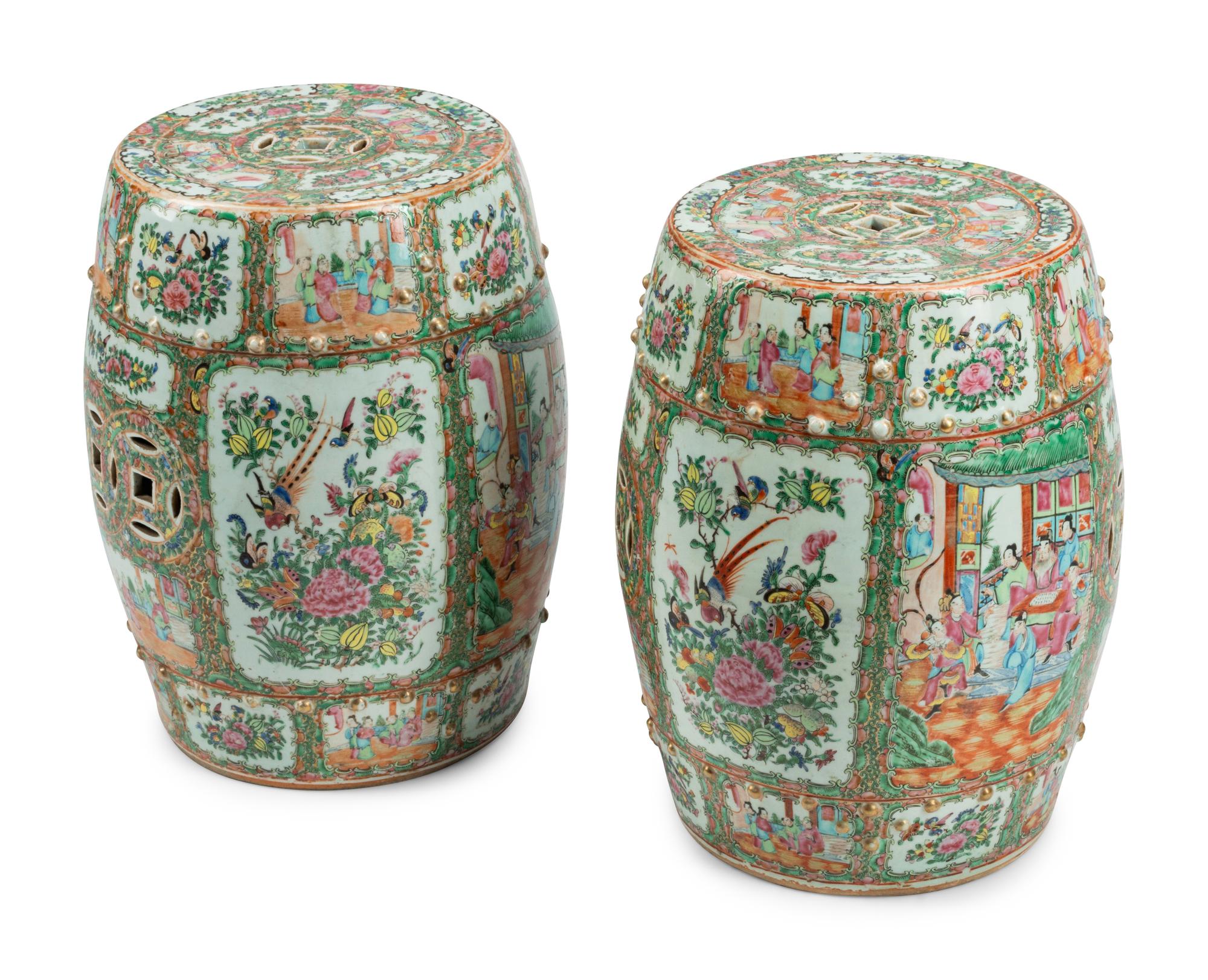 A Pair of Chinese Export Rose Medallion Porcelain Garden Seats