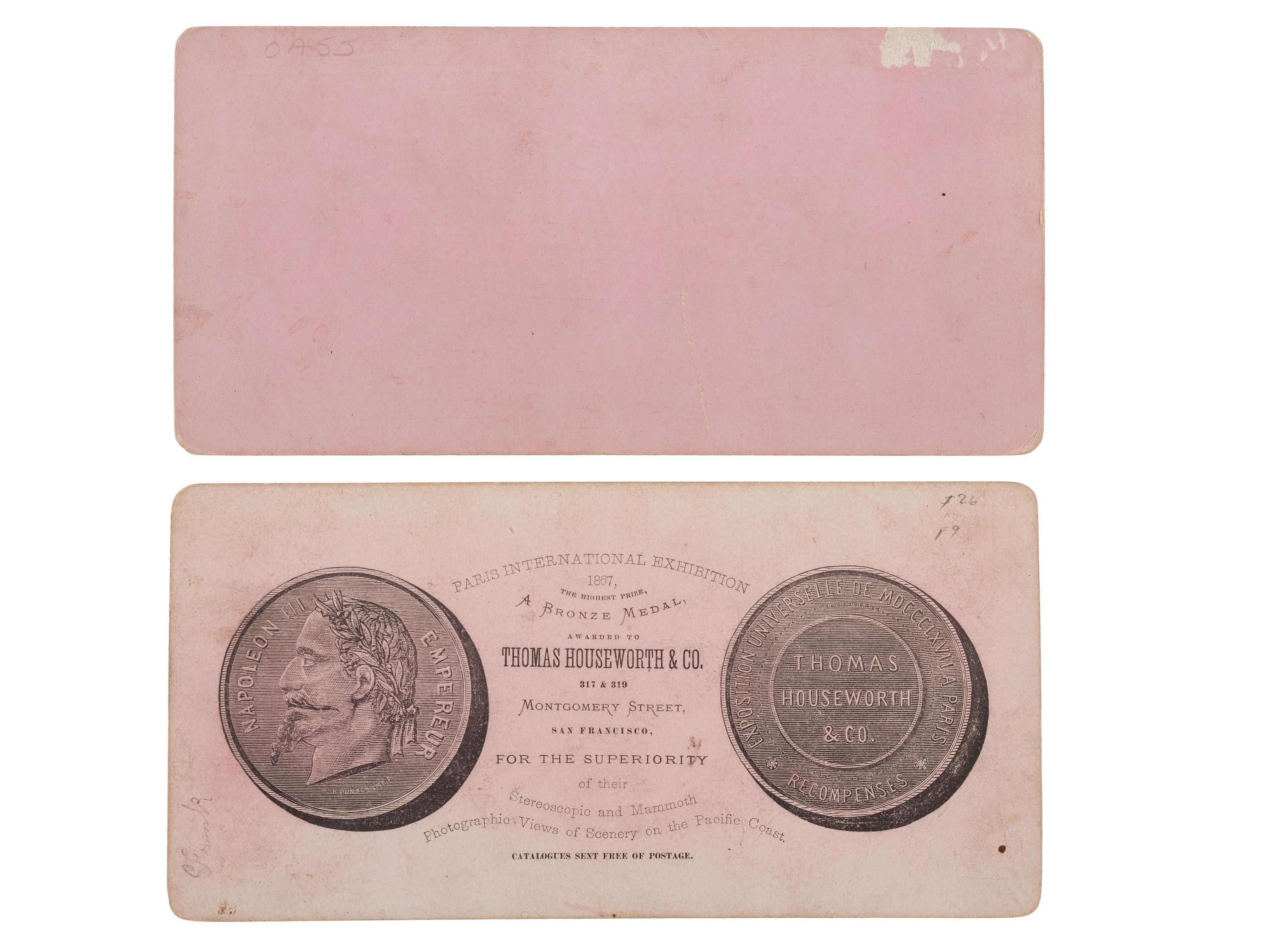 [CALIFORNIA]. HOUSEWORTH, Thomas and Co., photographer. A group of 2 stereoviews, incl. Snow-Shoe Traveling – The Bear Trap. San Francisco: ca 1866.