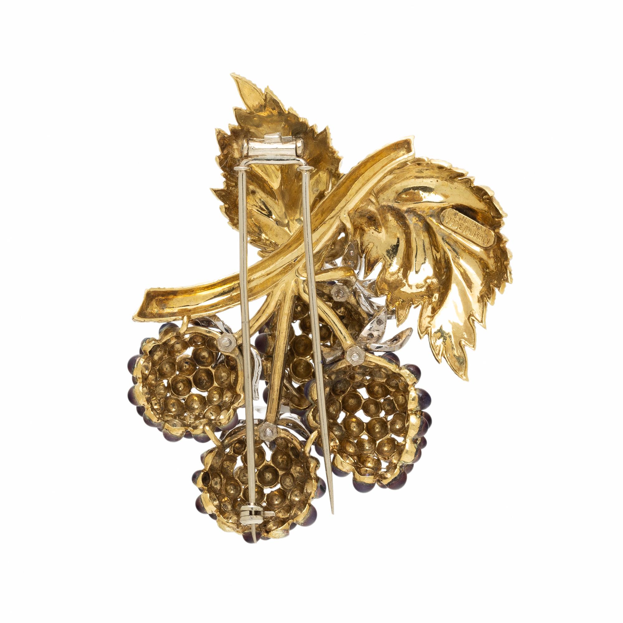 ENAMEL, DIAMOND, AND YELLOW GOLD BERRY BROOCH