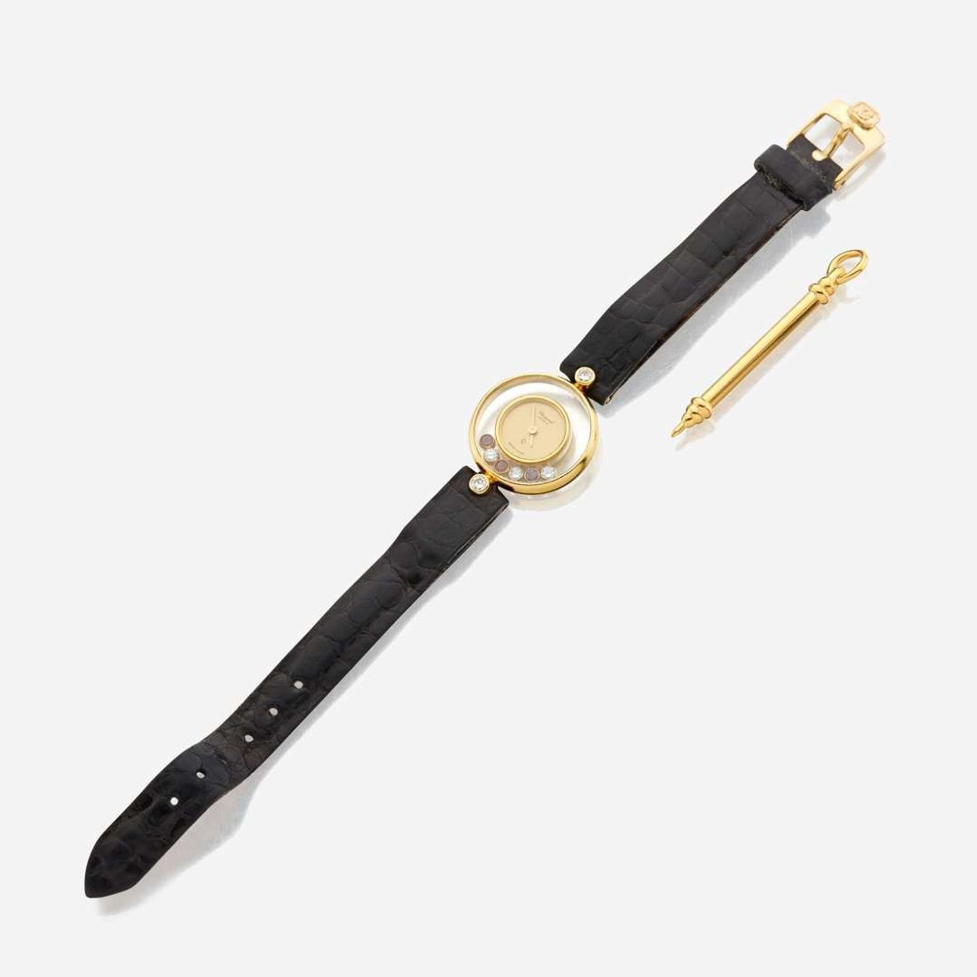 A lady's leather bracelet and gemstone wristwatch, Chopard "Happy Diamonds" Ref. 20.4069