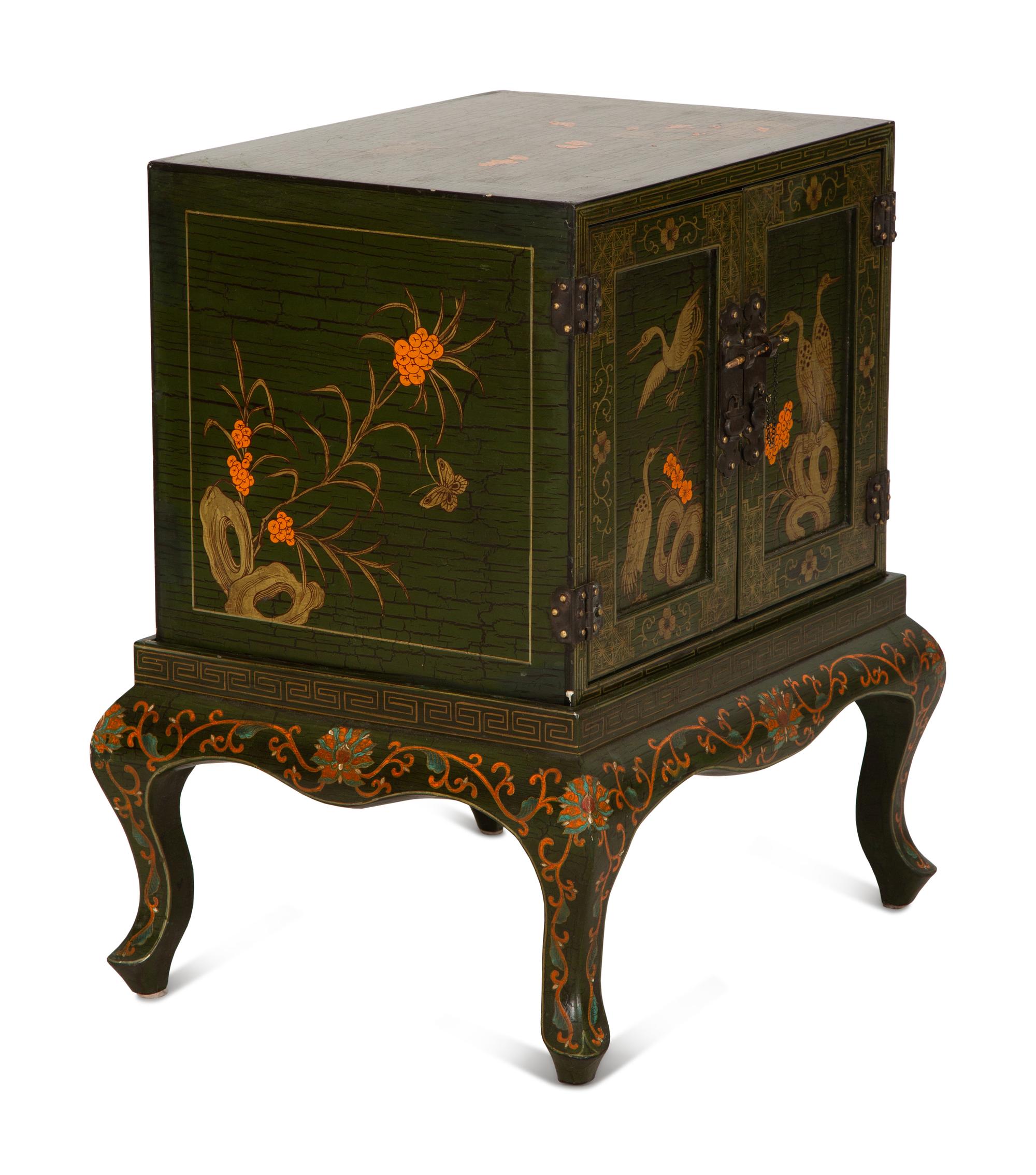 A Chinese Painted and Parcel Gilt Cabinet on Stand
