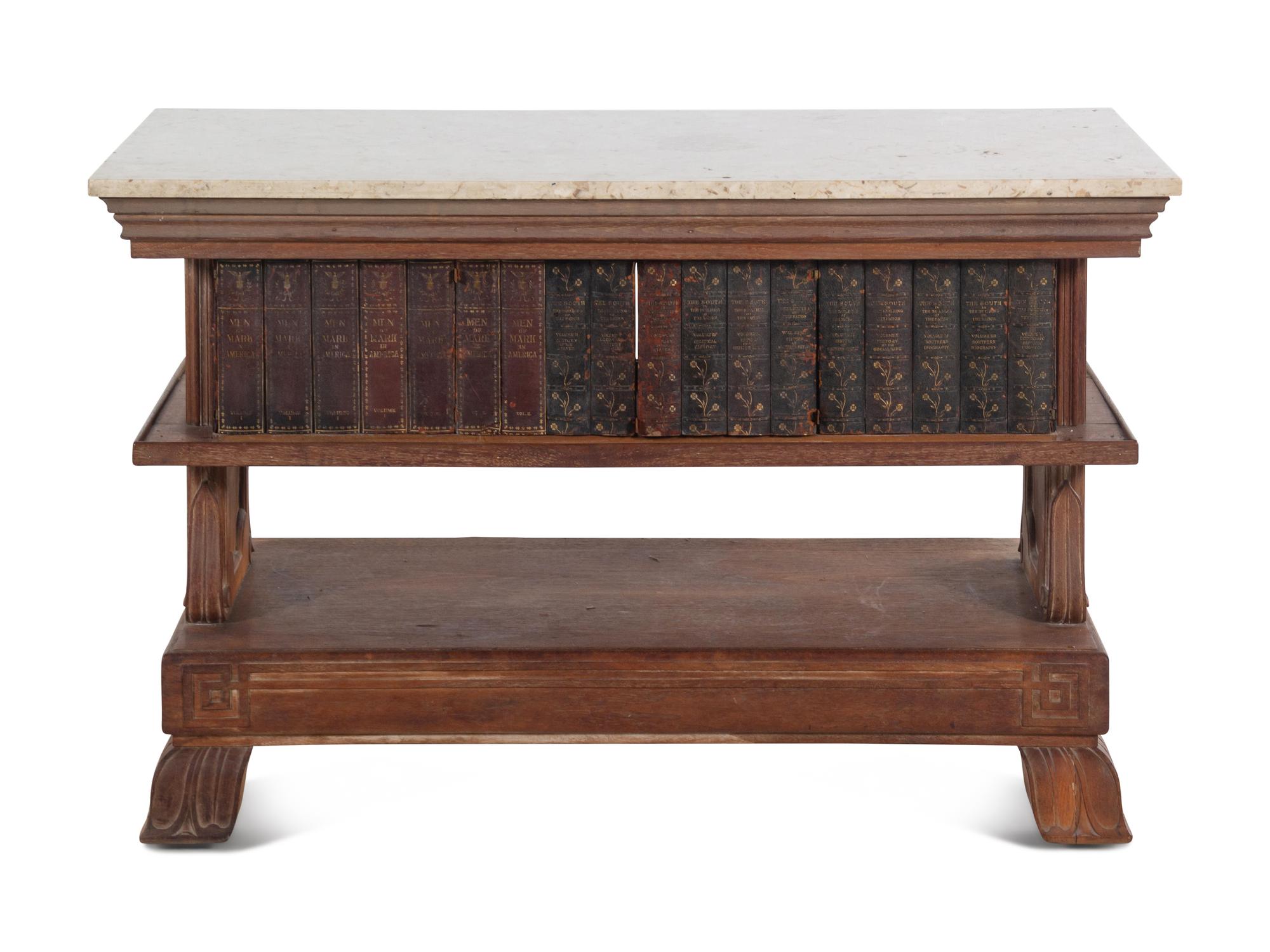 A Carved Marble-Top Console Table with Faux Books