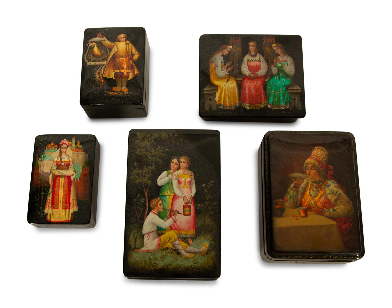 Five Fedoskino School Russian Lacquer Boxes