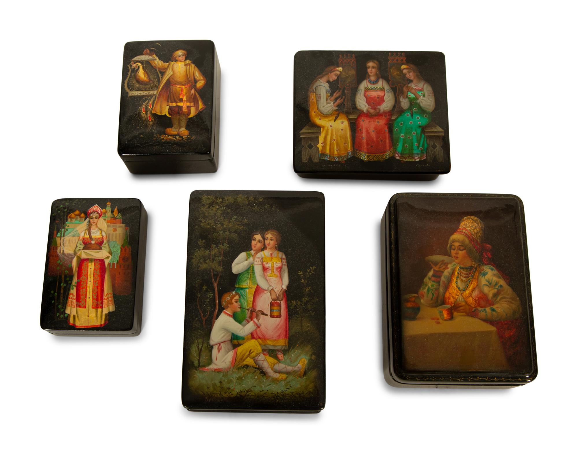 Five Fedoskino School Russian Lacquer Boxes