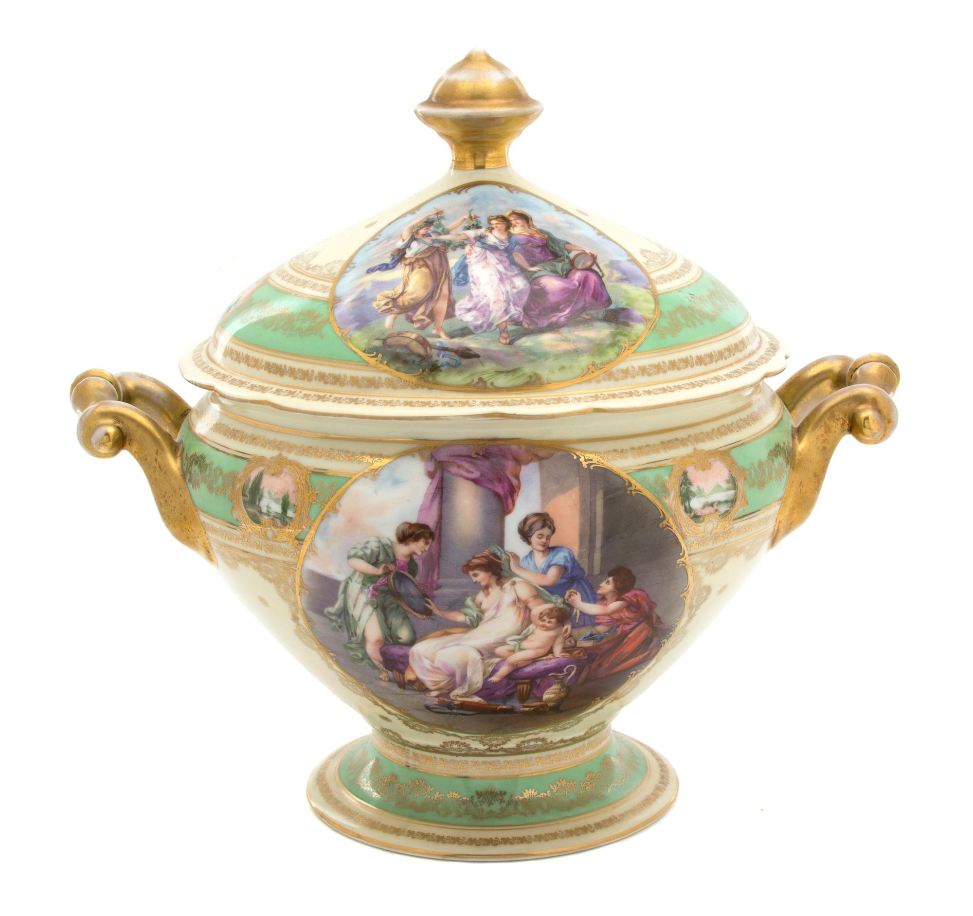 A Royal Vienna Porcelain Polychrome and Gilt Decorated Soup Tureen Height 13 1/2 x width 12 1/2 x depth 10 inches. — 19TH CENTURY
