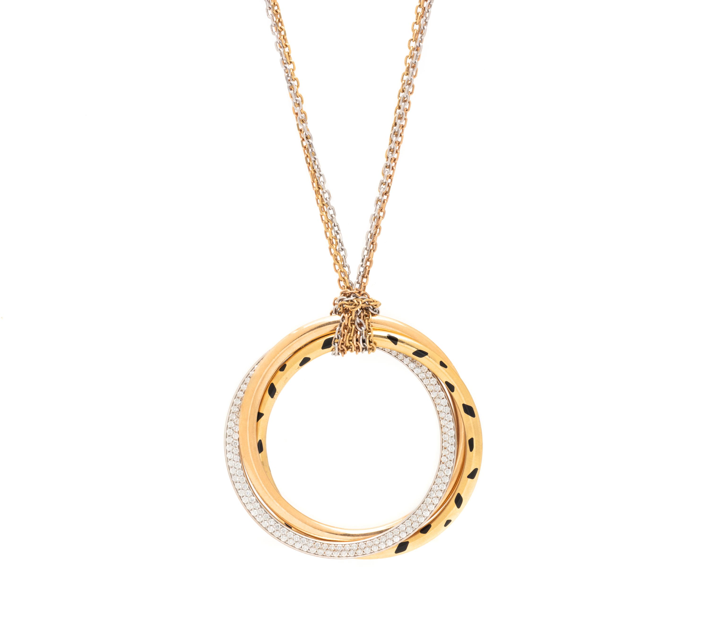 CARTIER, SPOTTED PANTHER ENAMEL, TRICOLOR GOLD, AND DIAMOND 'TRINITY' NECKLACE