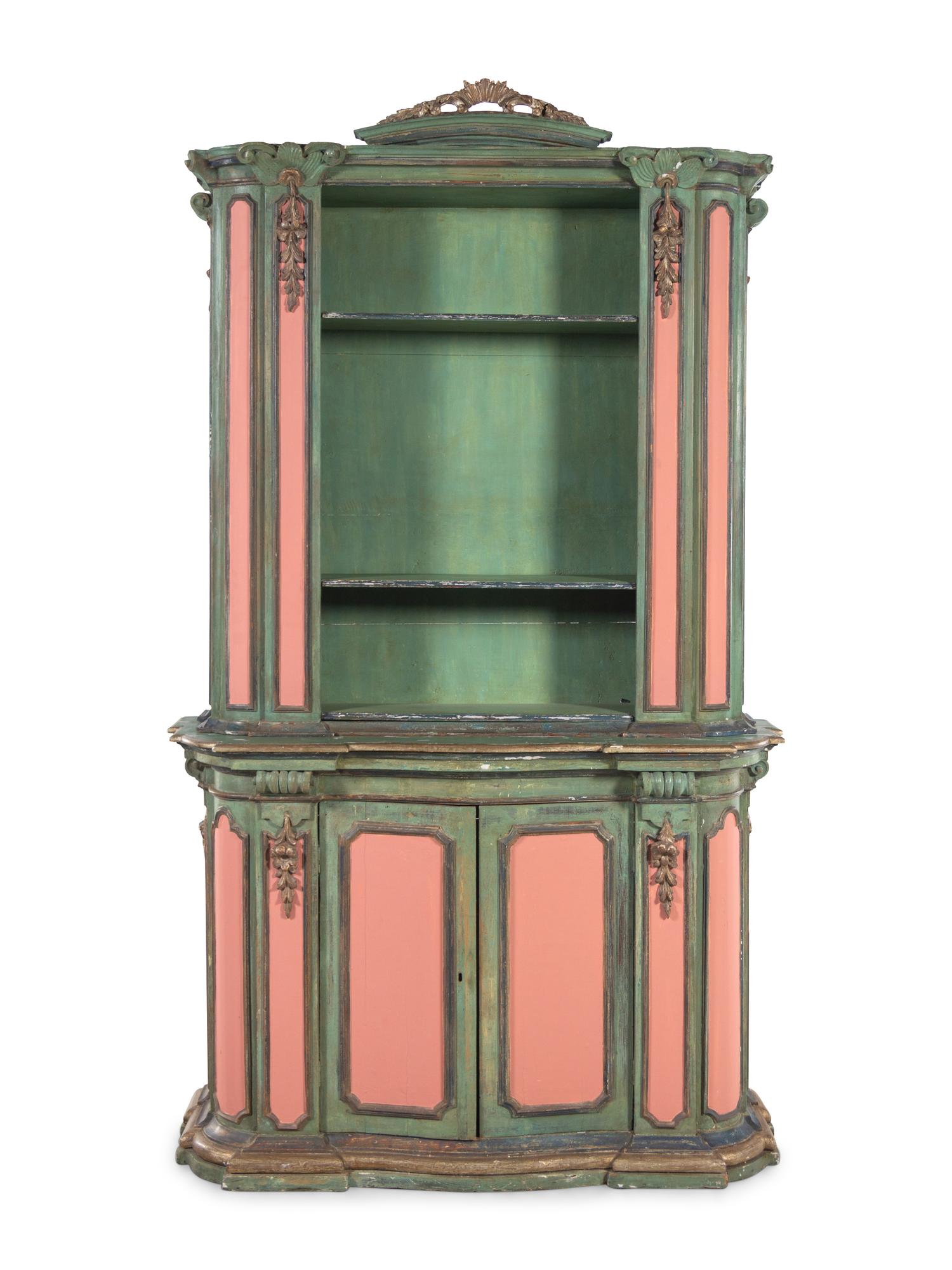 An Italian Baroque Style Painted and Parcel Gilt Bookcase