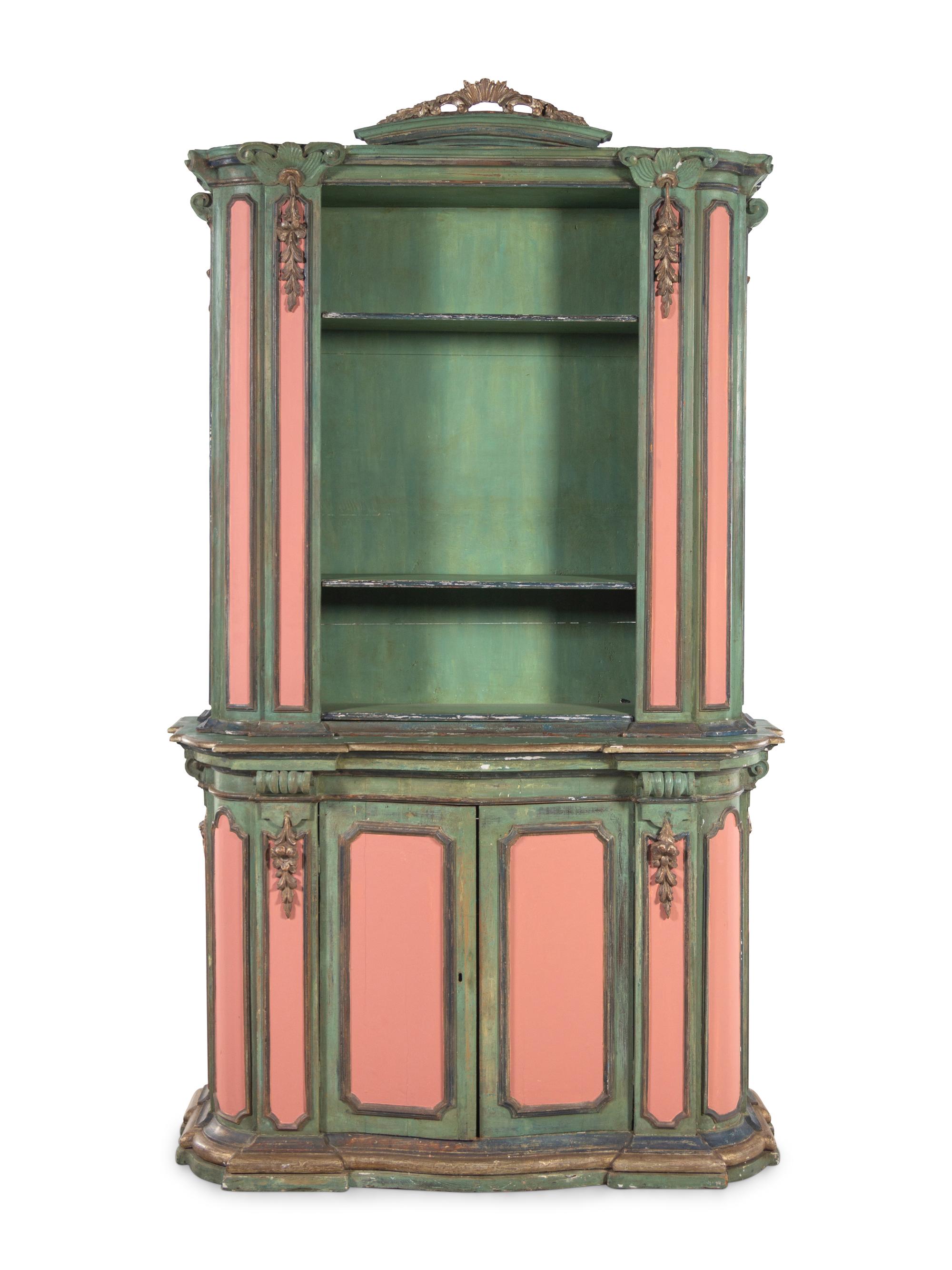 An Italian Baroque Style Painted and Parcel Gilt Bookcase