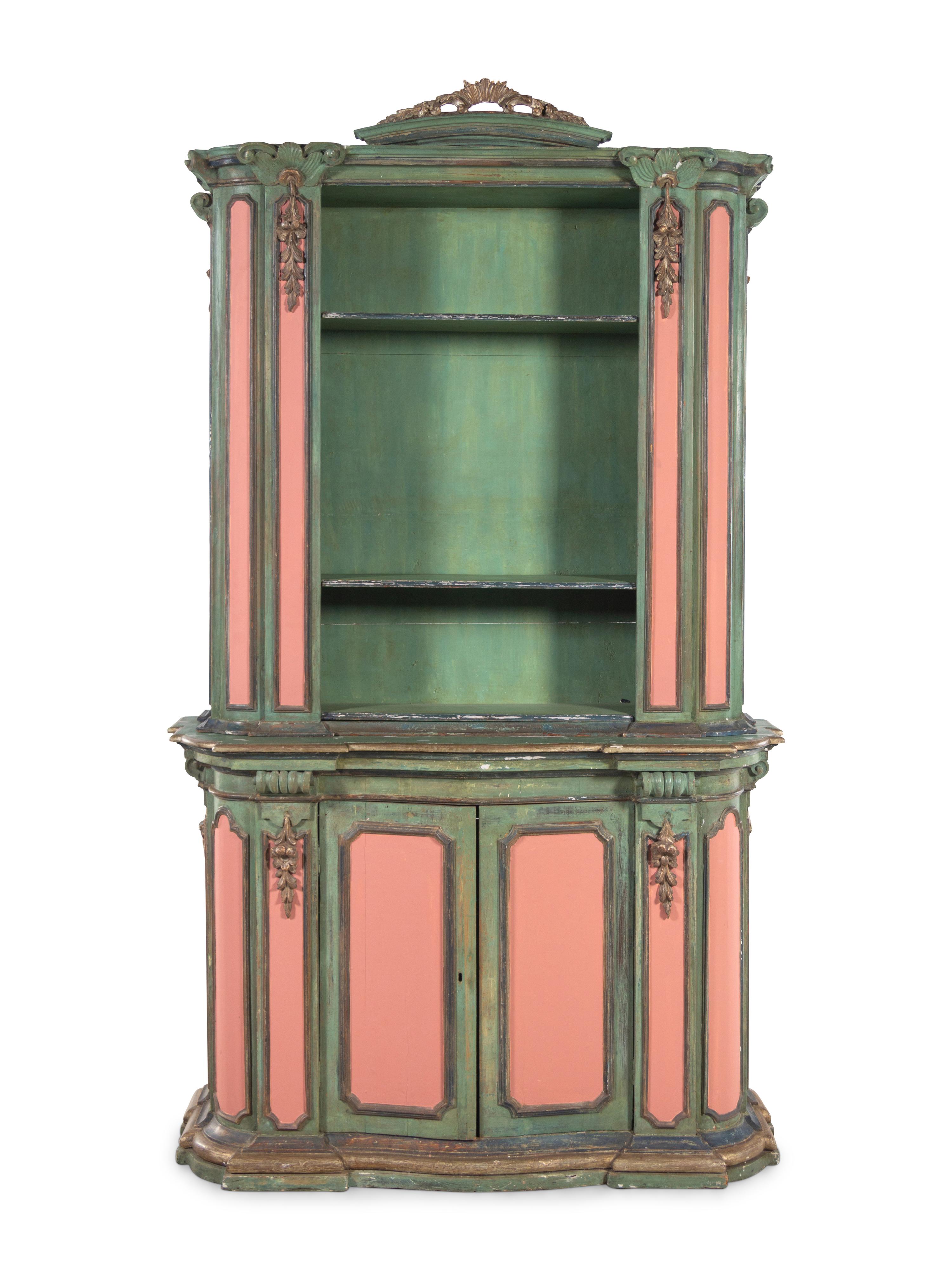 An Italian Baroque Style Painted and Parcel Gilt Bookcase