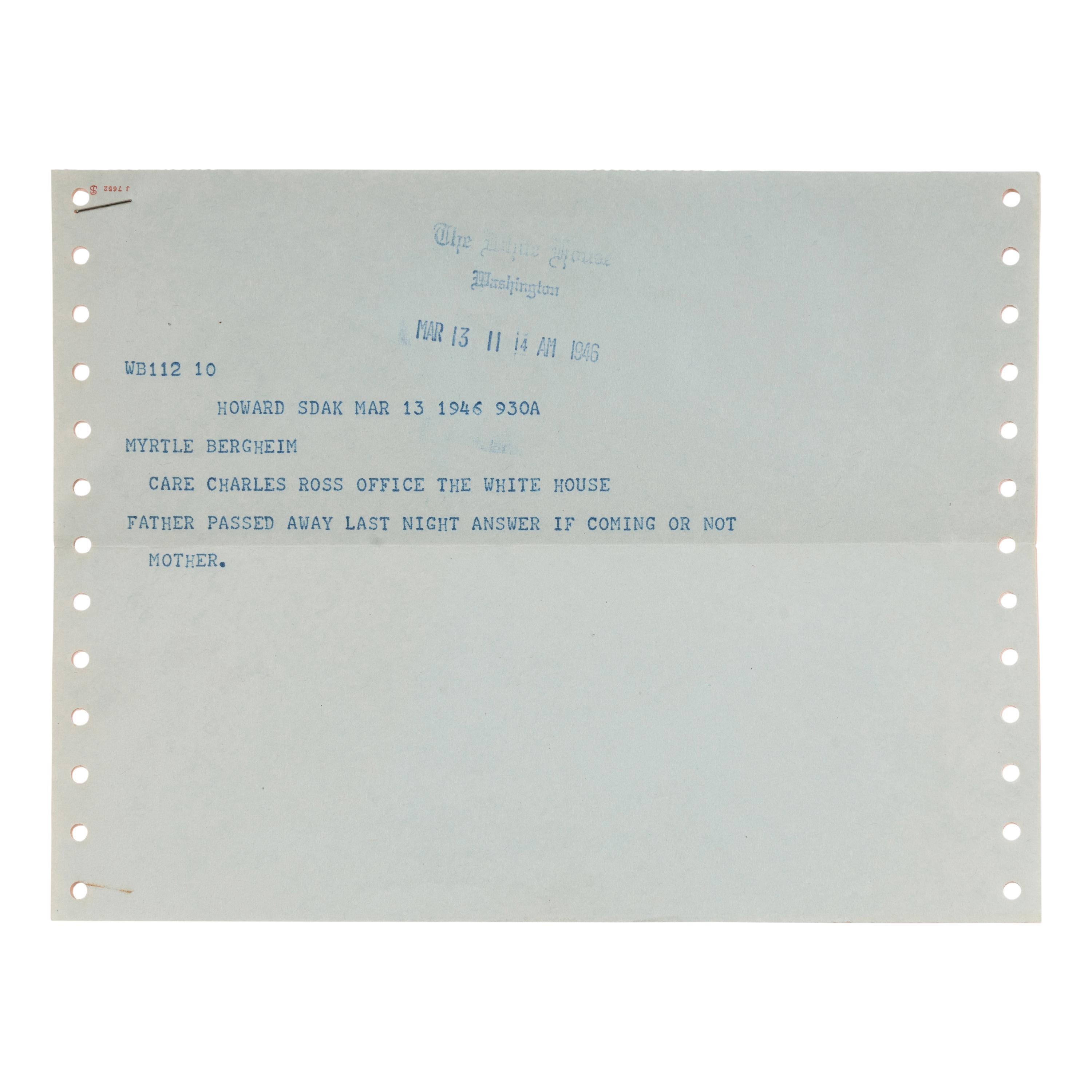 [WWII]. A small archive of official White House documents from the files of White House secretary Myrtle Bergheim, relating to the attack on Pearl Harbor and other pre- and postwar events, comprising: