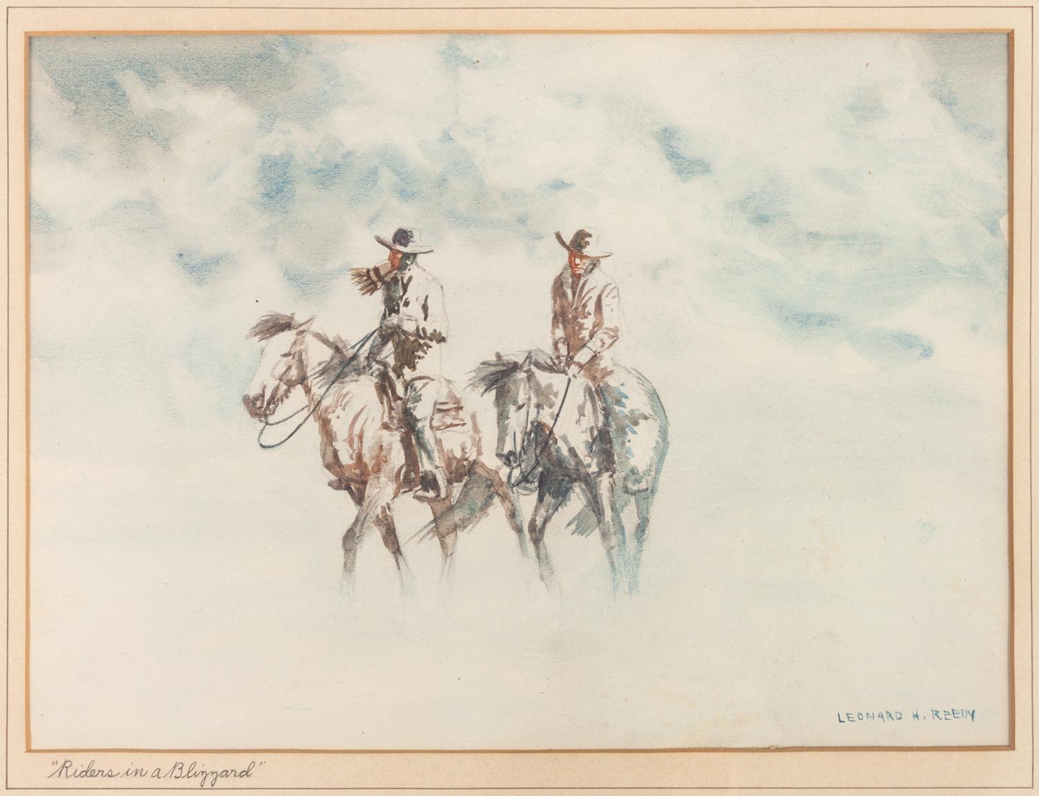 Group of Four Watercolors, Riders in a Blizzard , Cowpony in Winter , Picking up the Orphan Calf and Wyoming Cowpcamp