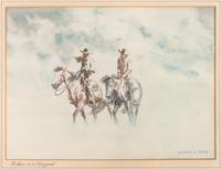 Group of Four Watercolors, Riders in a Blizzard , Cowpony in Winter , Picking up the Orphan Calf and Wyoming Cowpcamp