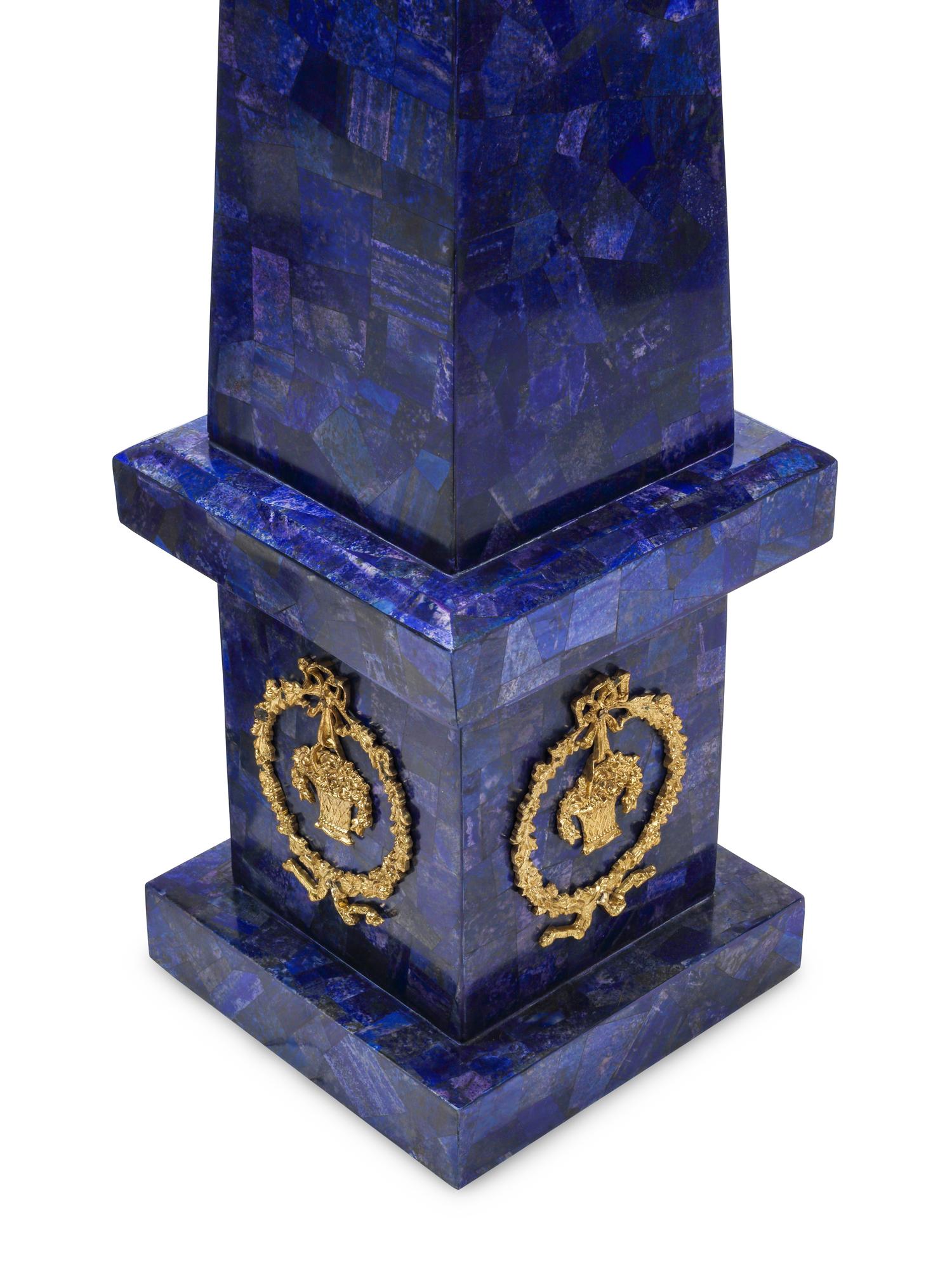 A Pair of Large Lapis Lazuli Inlaid and Gilt Bronze Mounted Obelisks