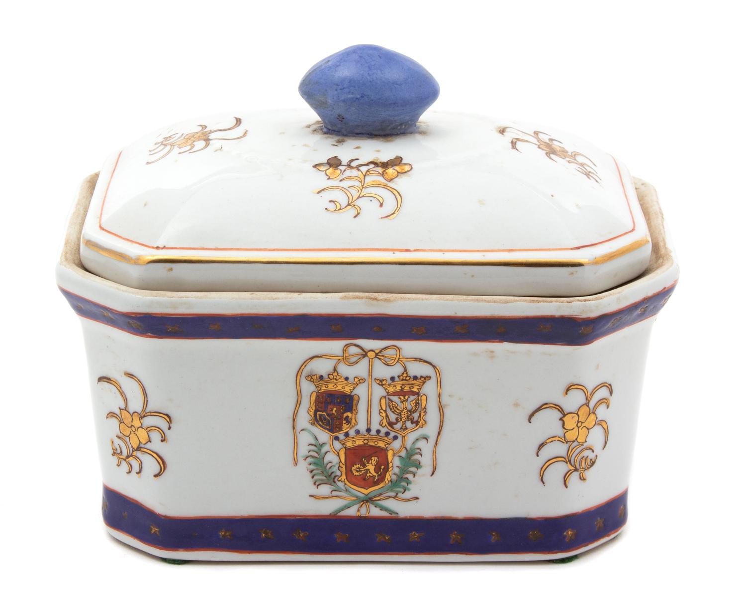 A Continental Polychrome and Gilt Decorated Porcelain Covered Box