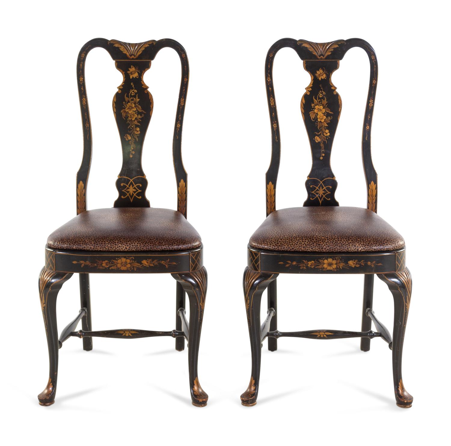 A Pair of Queen Anne Style Painted and Parcel-Gilt Side Chairs