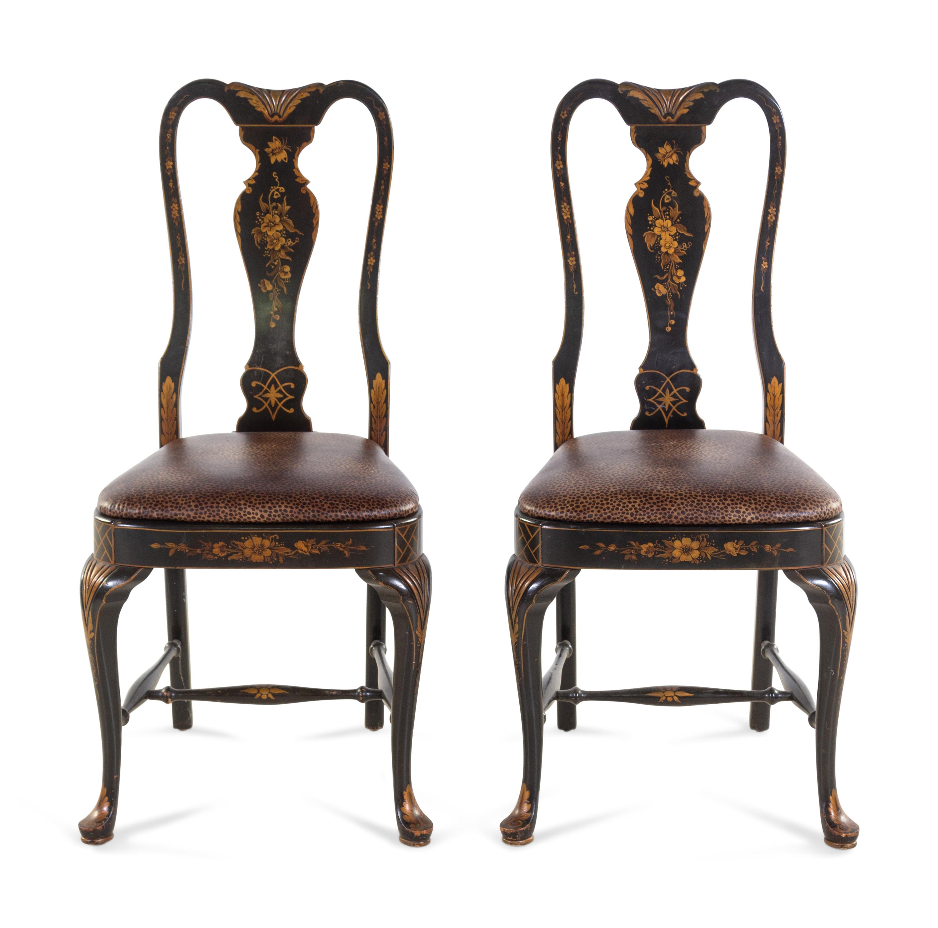 A Pair of Queen Anne Style Painted and Parcel-Gilt Side Chairs