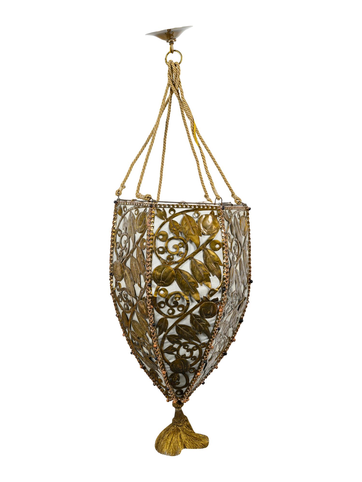 A Pierced Gilt Metal and Silk Pendant Light