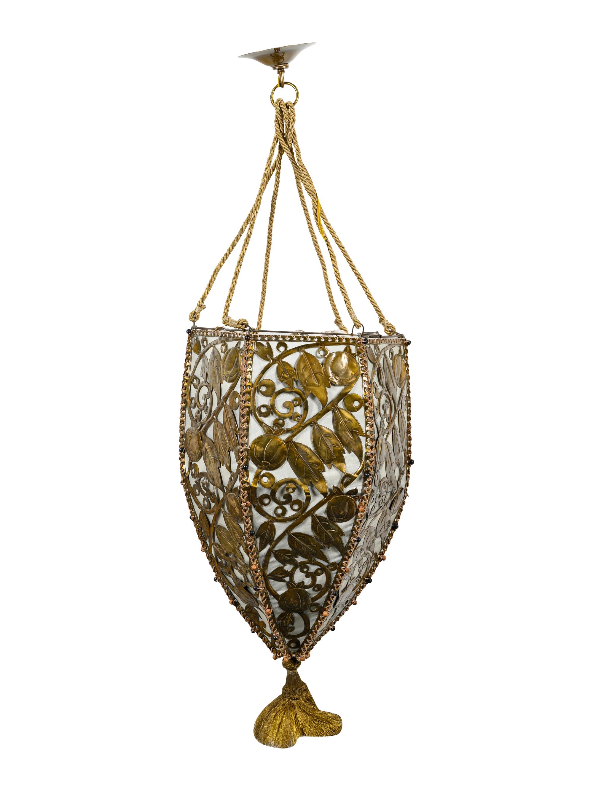 A Pierced Gilt Metal and Silk Pendant Light