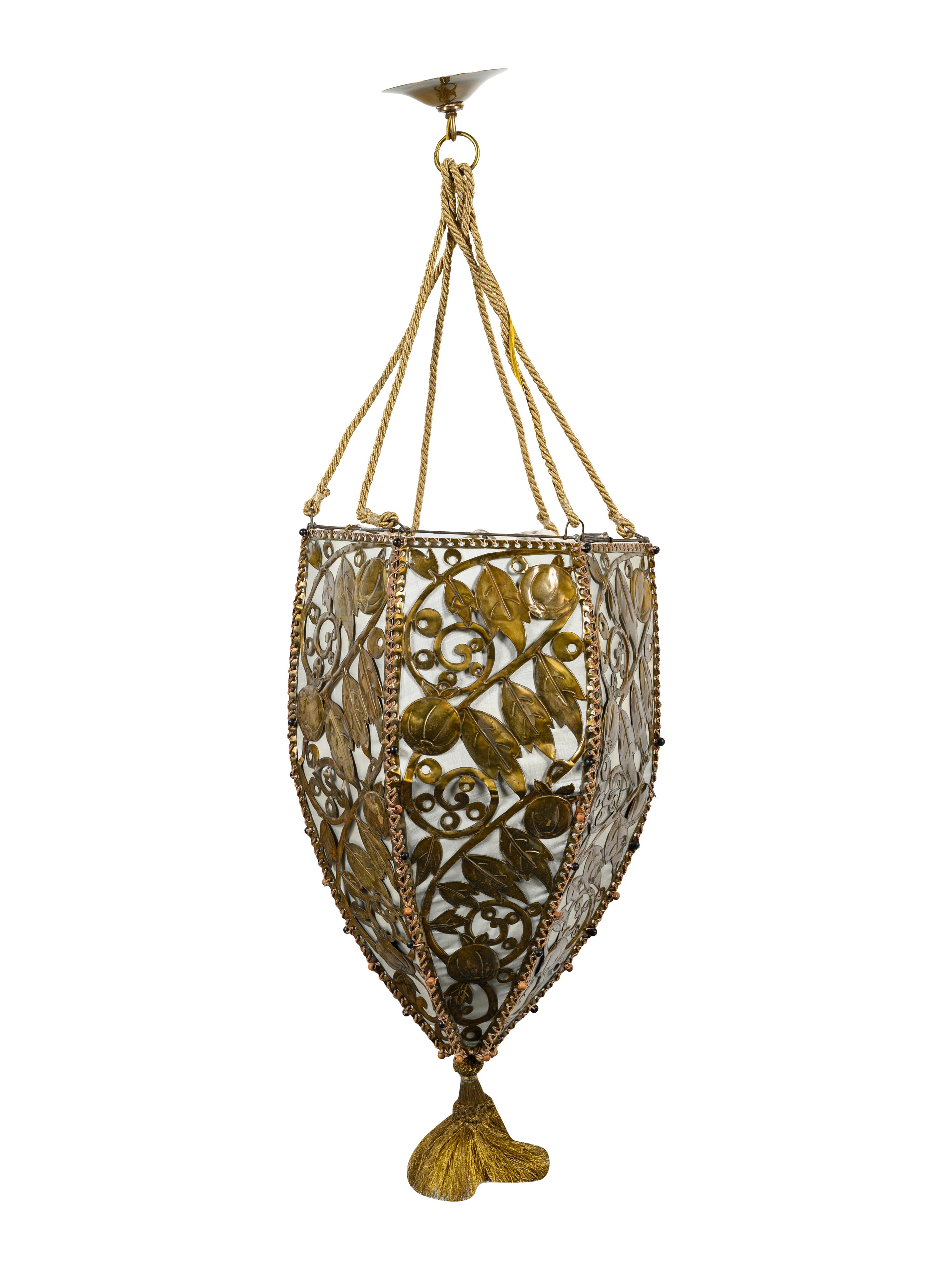 A Pierced Gilt Metal and Silk Pendant Light