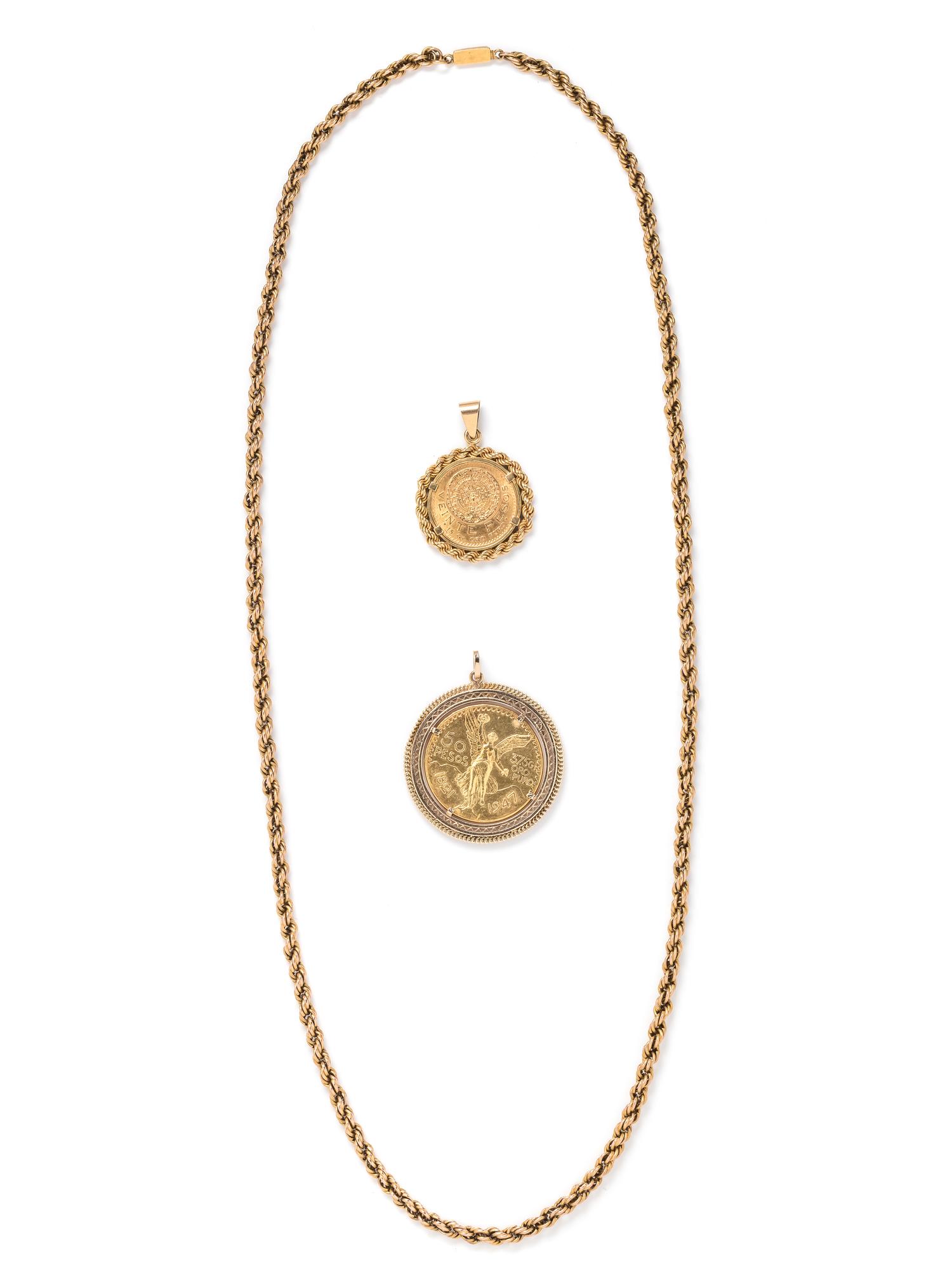 SOLD: YELLOW GOLD LONCHAIN NECKLACE AND COIN PENDANTS