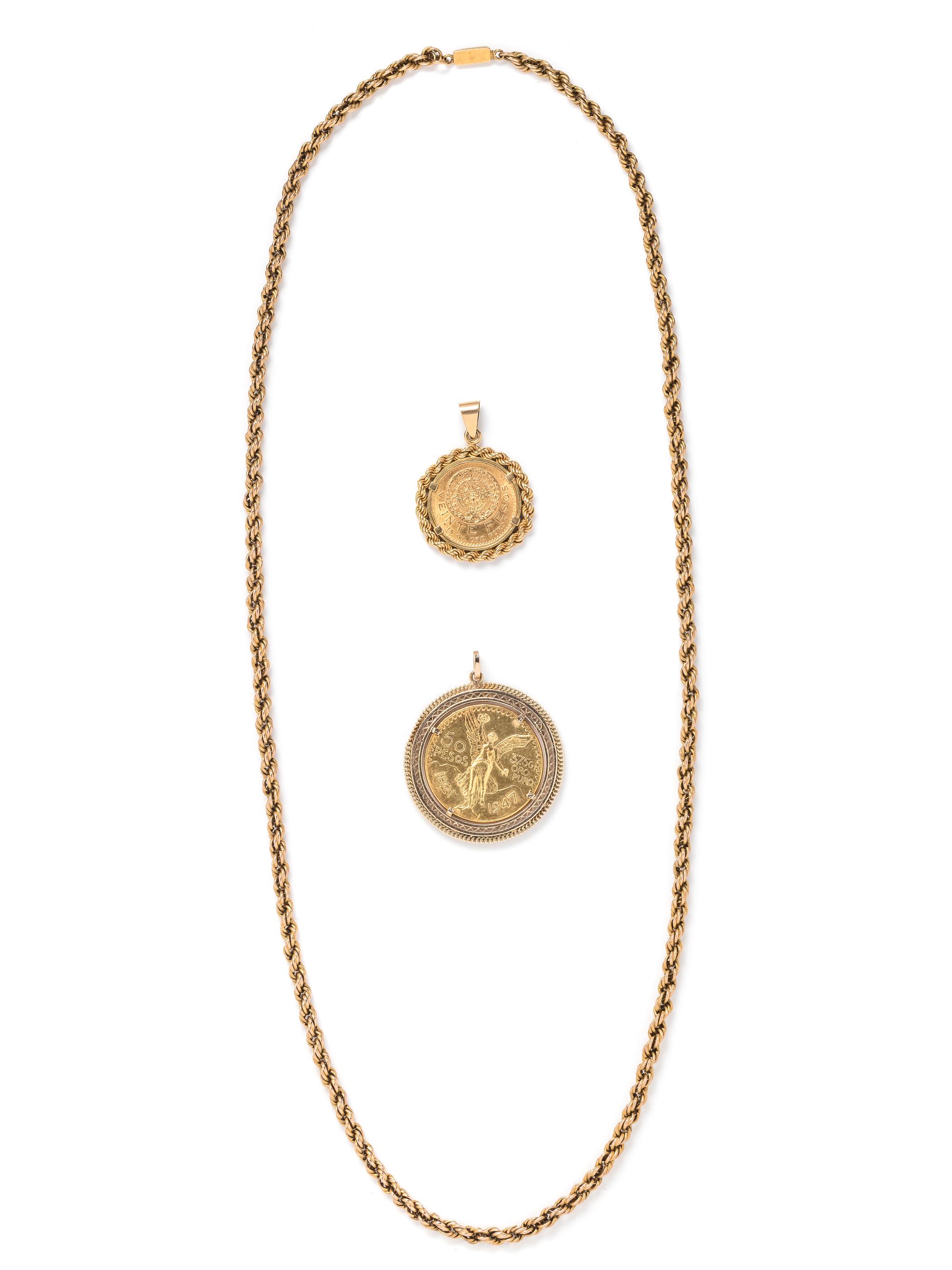 SOLD: YELLOW GOLD LONCHAIN NECKLACE AND COIN PENDANTS