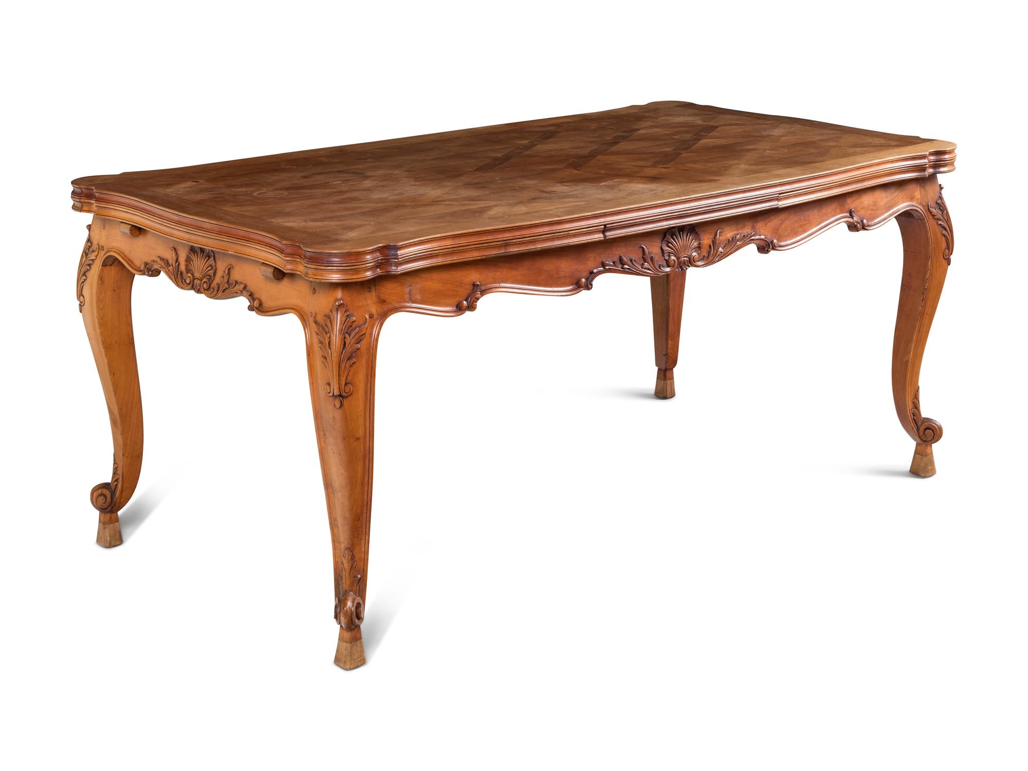 A Louis XV Style Parquetry and Walnut Extension Dining Table