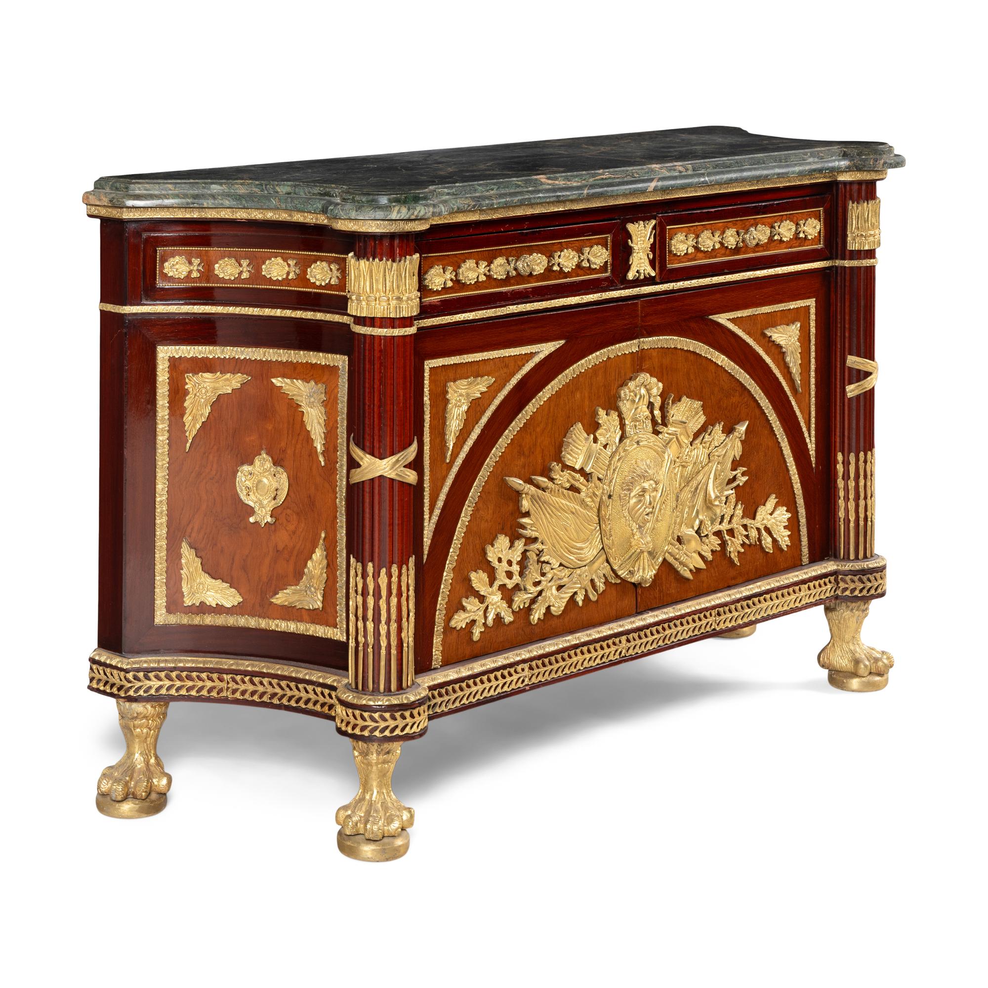 A Louis XVI Style Gilt Bronze Mounted Marble-Top Commode