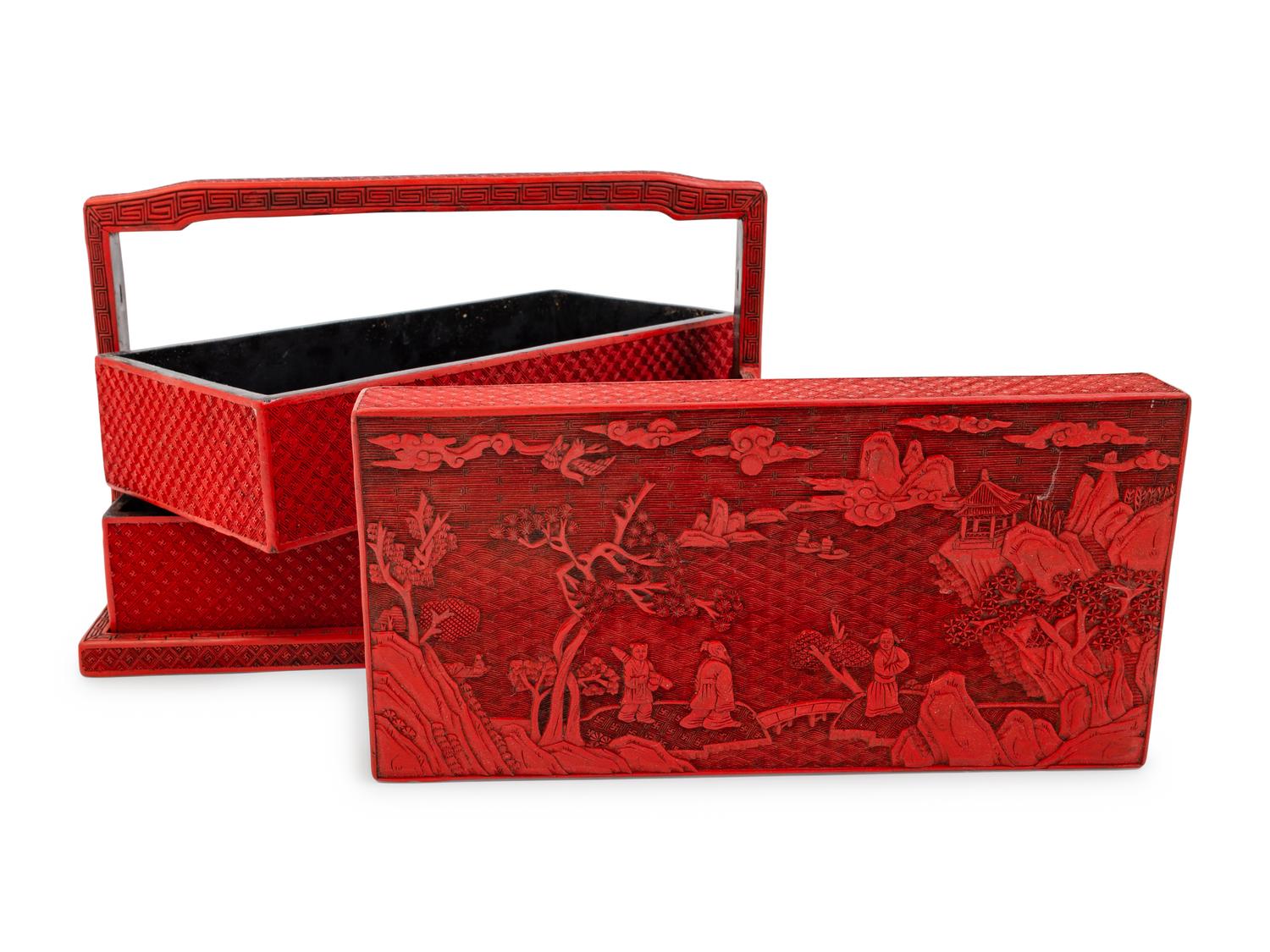 A Chinese Carved Red Lacquer Two-Tier Picnic Box