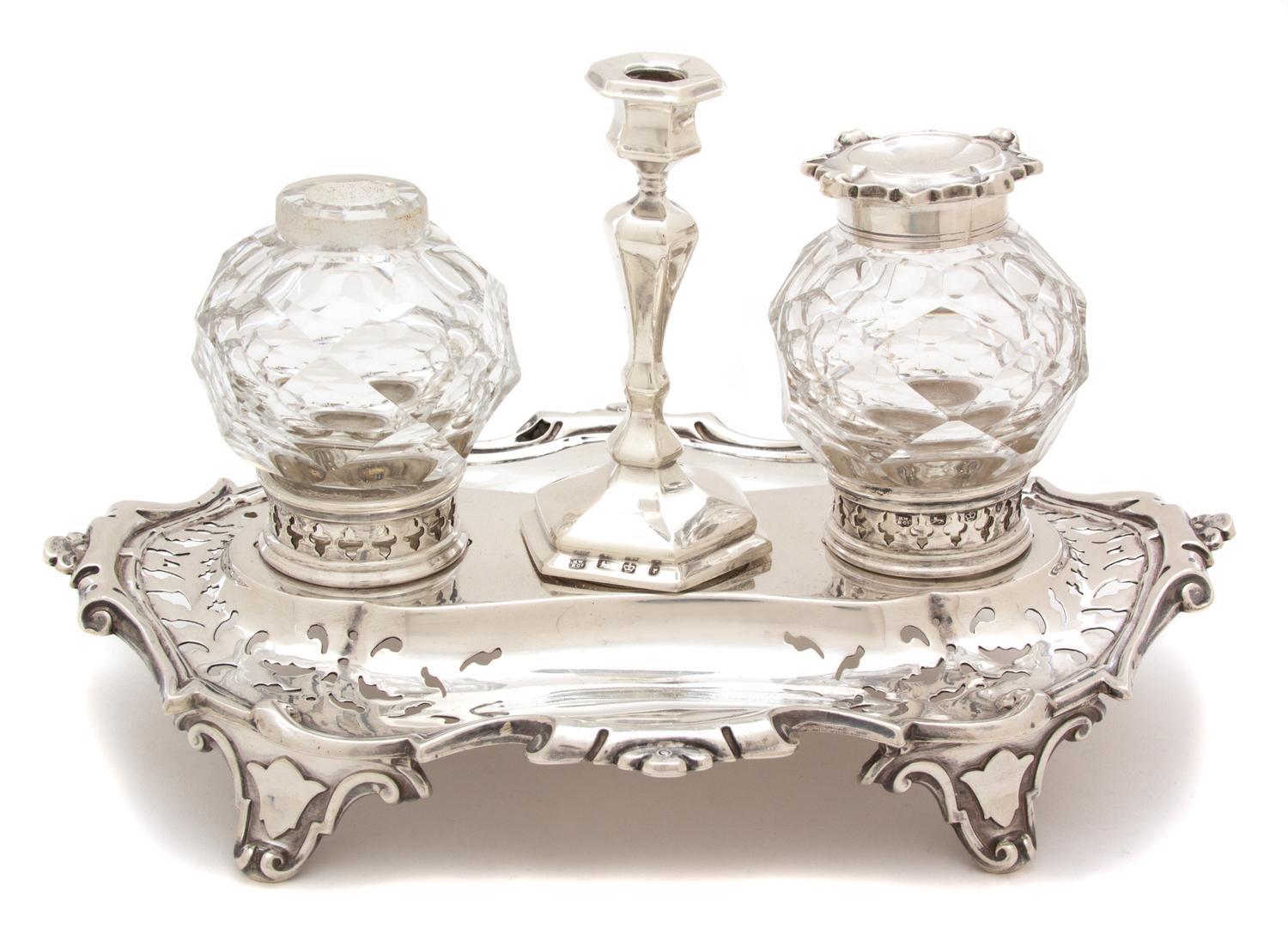 An English Silver and Glass Standish, Henry Wilkinson & Co., Sheffield, England, 1854, having pierced cartouche-form tray with two glas