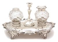 An English Silver and Glass Standish, Henry Wilkinson & Co., Sheffield, England, 1854, having pierced cartouche-form tray with two glas