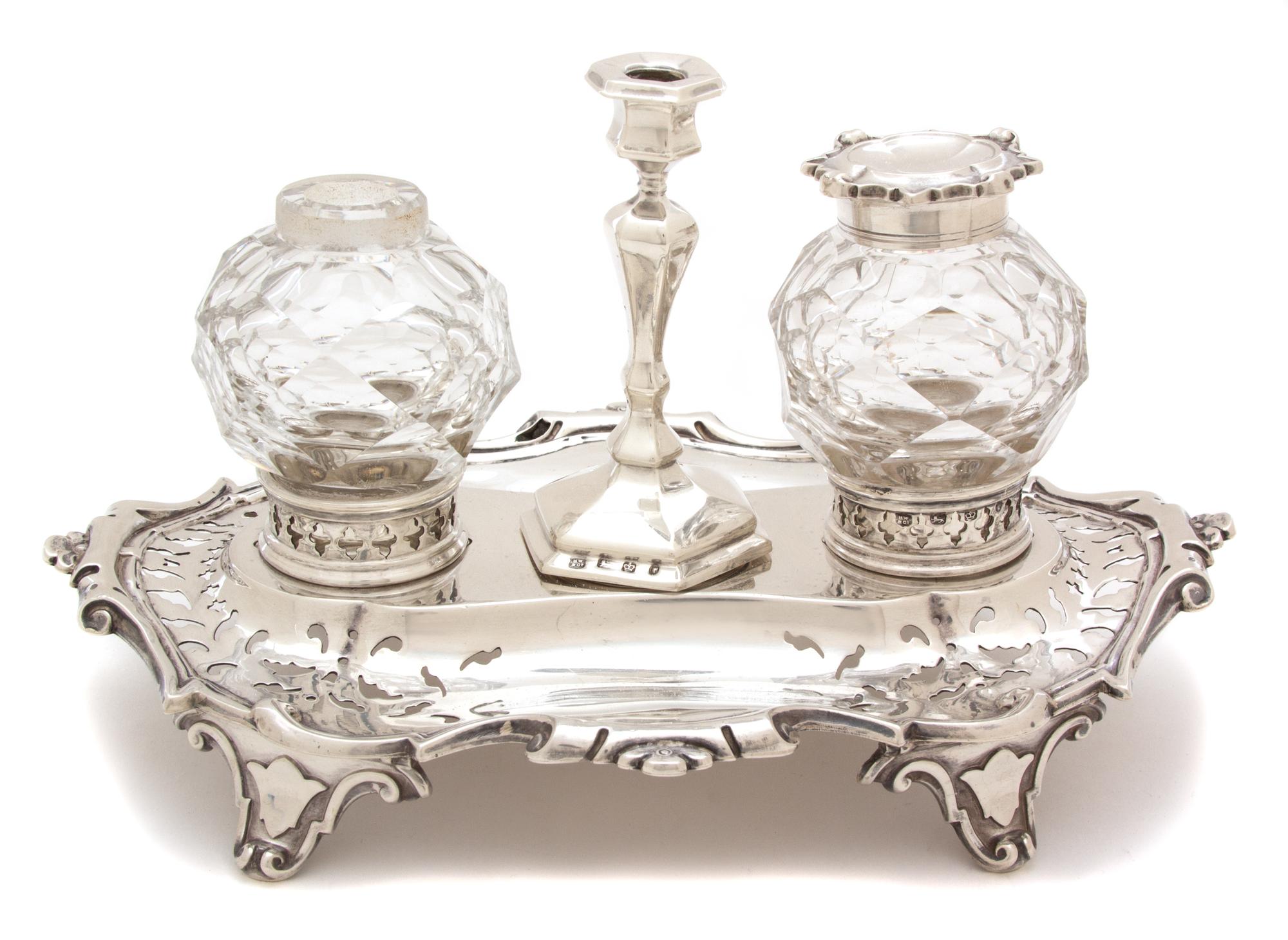 An English Silver and Glass Standish, Henry Wilkinson & Co., Sheffield, England, 1854, having pierced cartouche-form tray with two glas