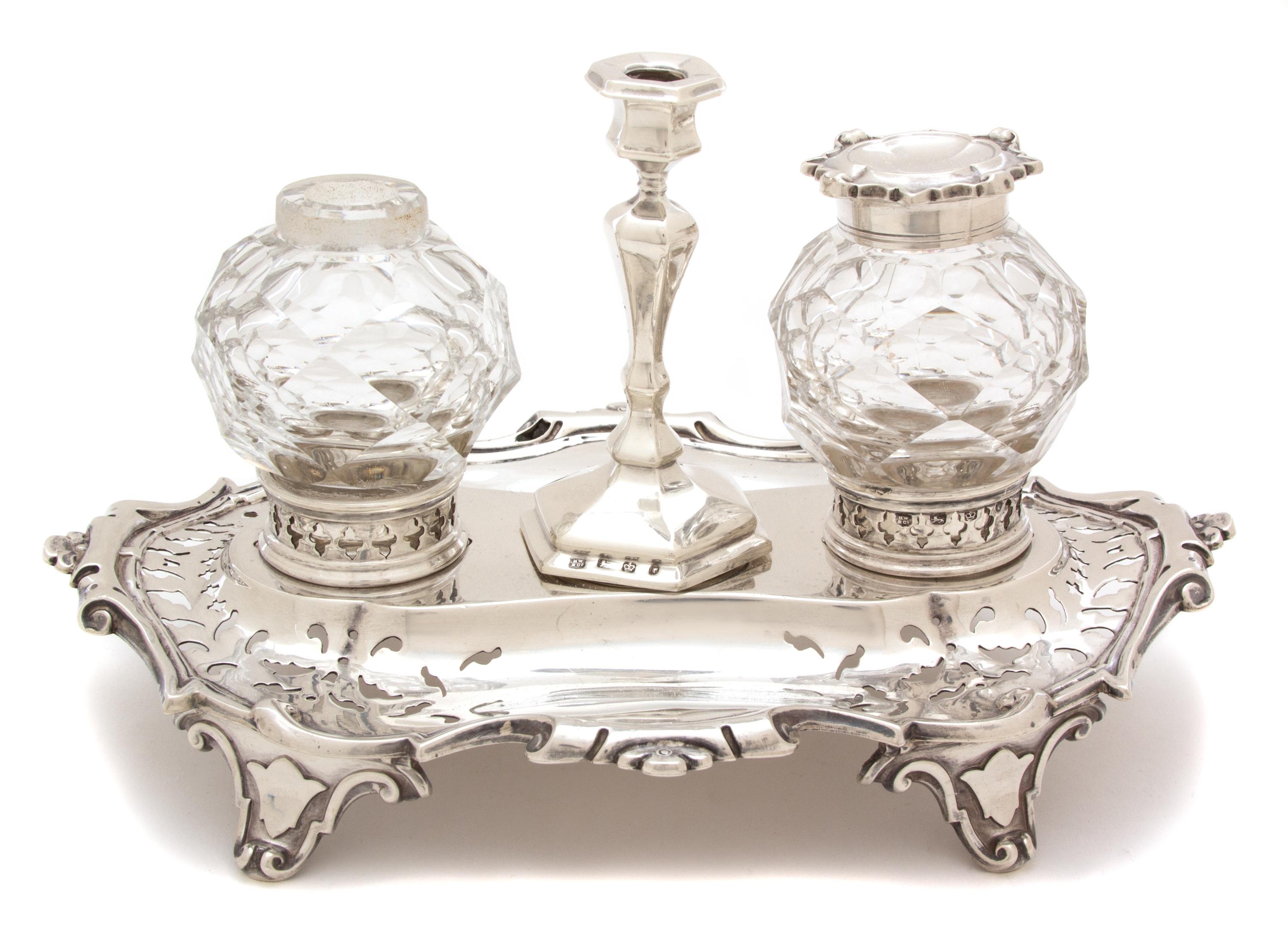 An English Silver and Glass Standish, Henry Wilkinson & Co., Sheffield, England, 1854, having pierced cartouche-form tray with two glas