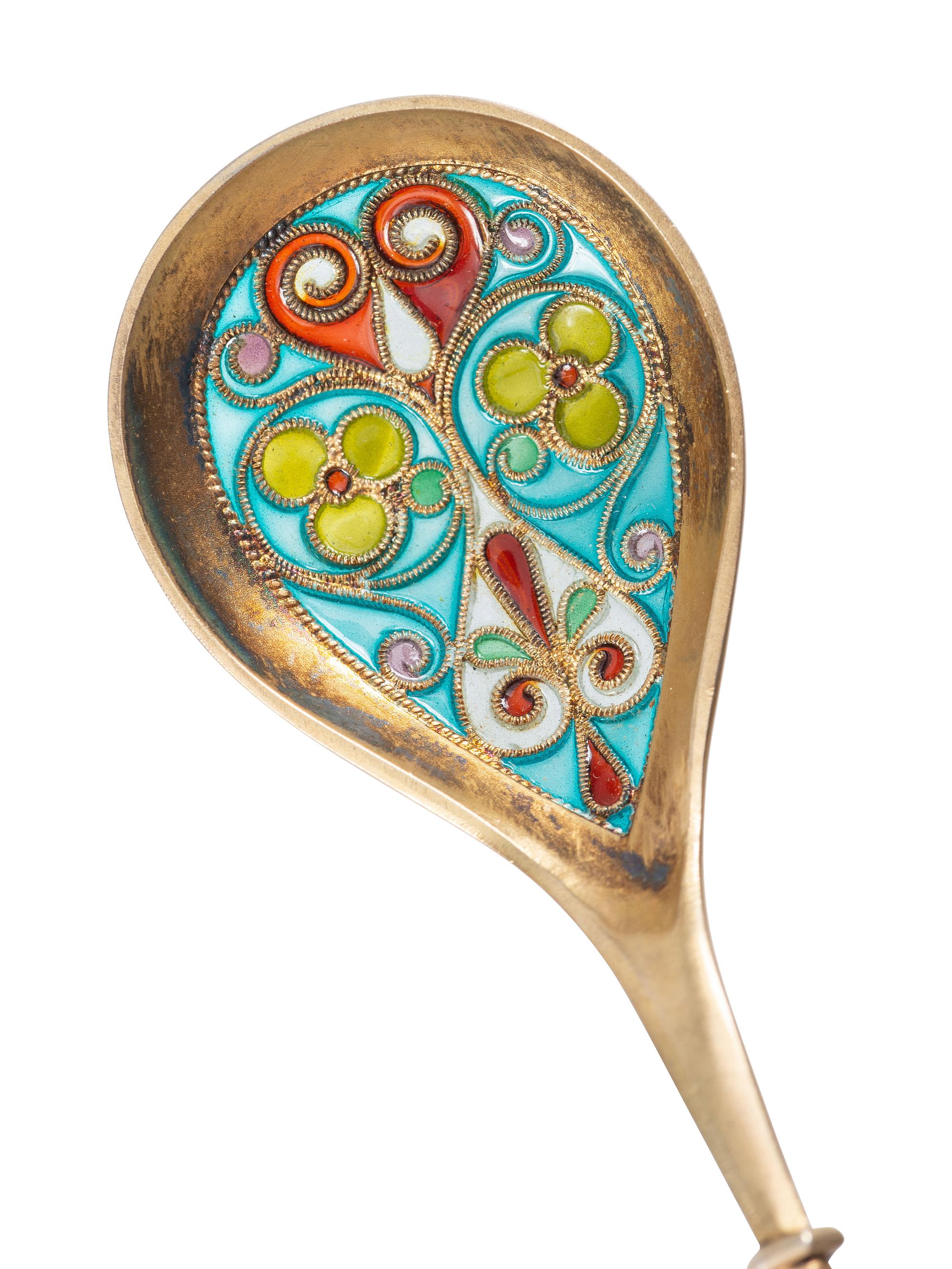 Thirty Russian Silver and Enamel Spoons and Forks