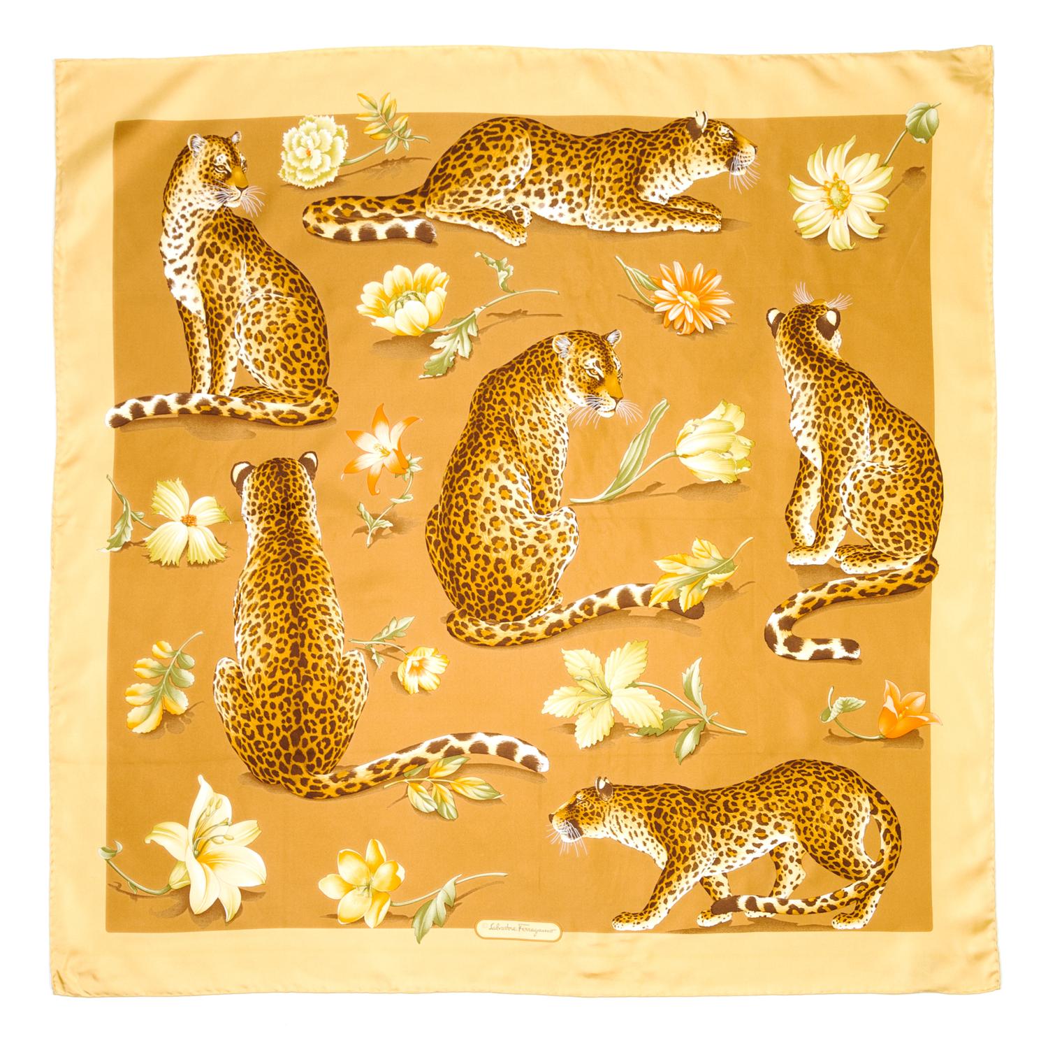 A Ferragamo 90cm Gold Silk Leopard Print Scarf, 36" x 36".